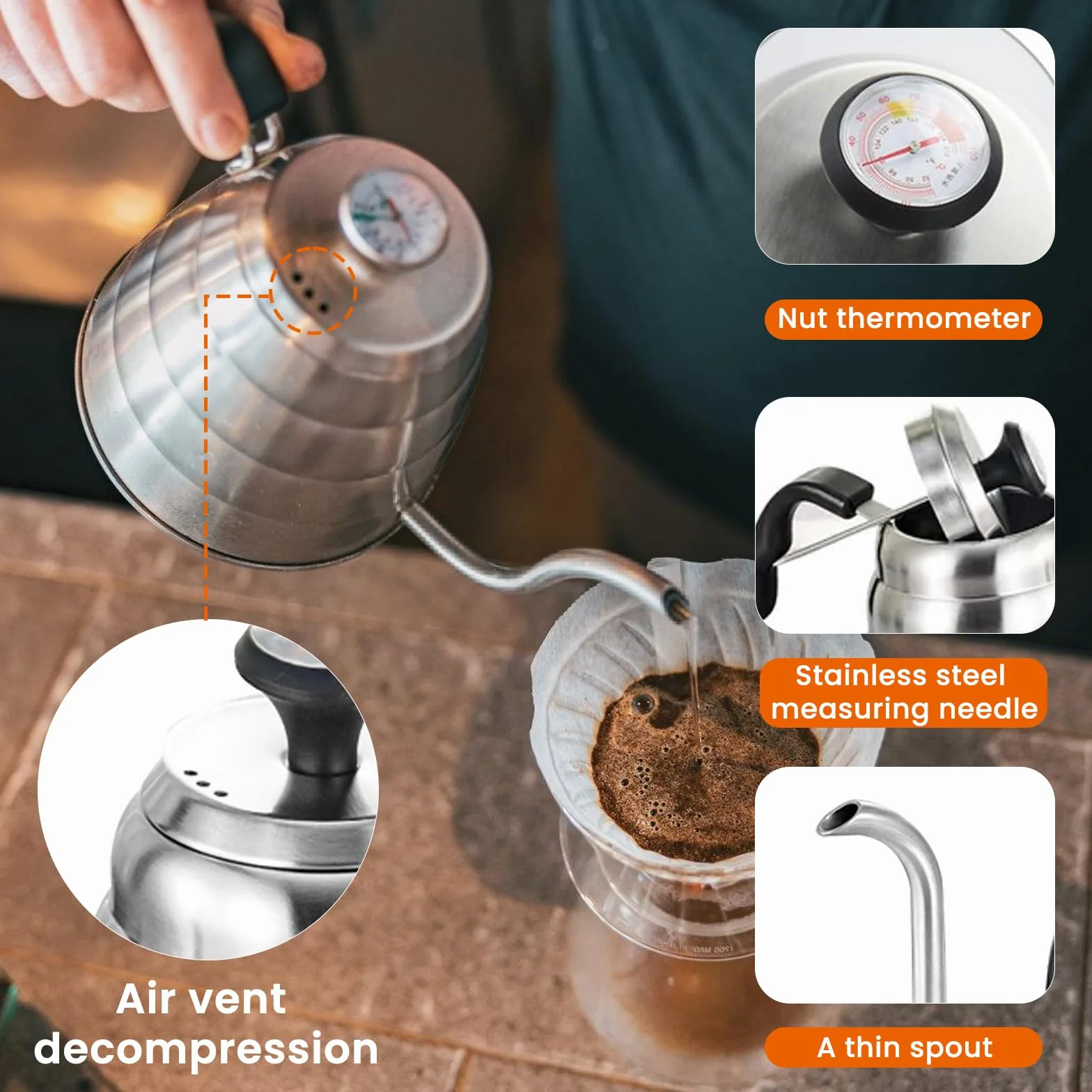 Bollitore a collo di cigno: 1200 ml / 40 oz in acciaio inox, bollitore a collo di cigno con termometro per tutti i tipi di fornelli, durevole, facile da pulire