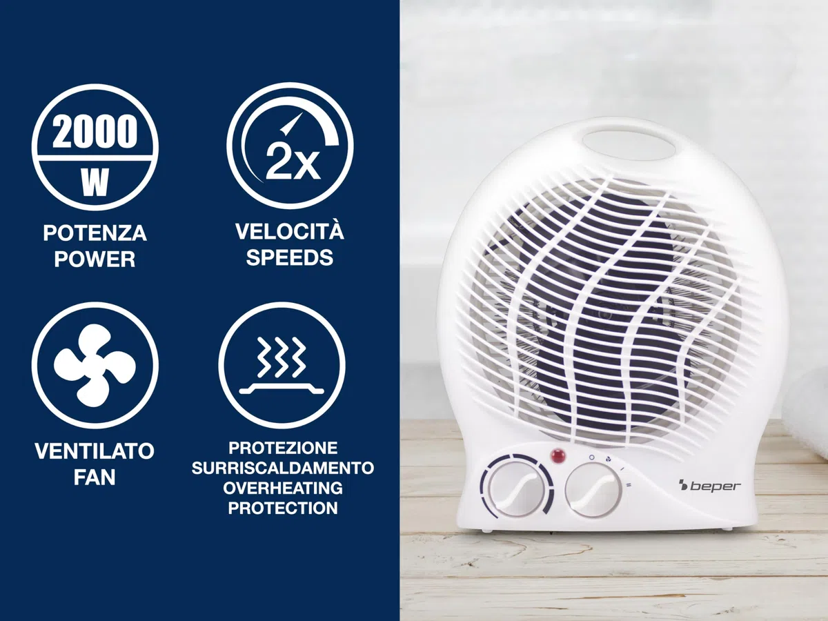 BEPER P203TER202 Termoventilatore, 2000W, 2 Potenze selezionabili, Termoventilatore compatto con Termostato regolabile, Modalità Eco e Autospegnimento, Bianco