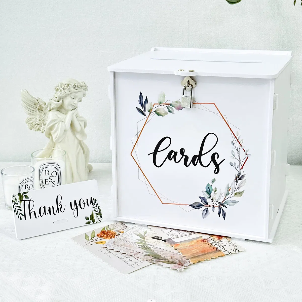 Scatola per biglietti di nozze bianca con lucchetto, confezione regalo in PVC per ricevimenti di nozze e decorazioni per feste