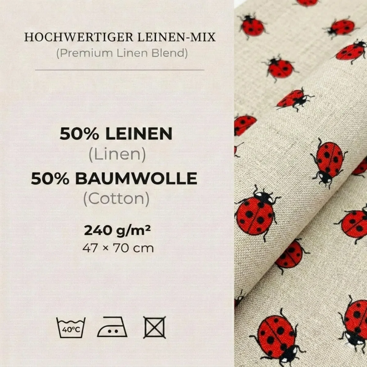 Confezione da 2 pezzi: Strofinacci da cucina di lusso in lino/cotone, asciugamani da cucina, 47 x 70 cm, misto lino, stonewashed jacquard o stampati (coccinelle)