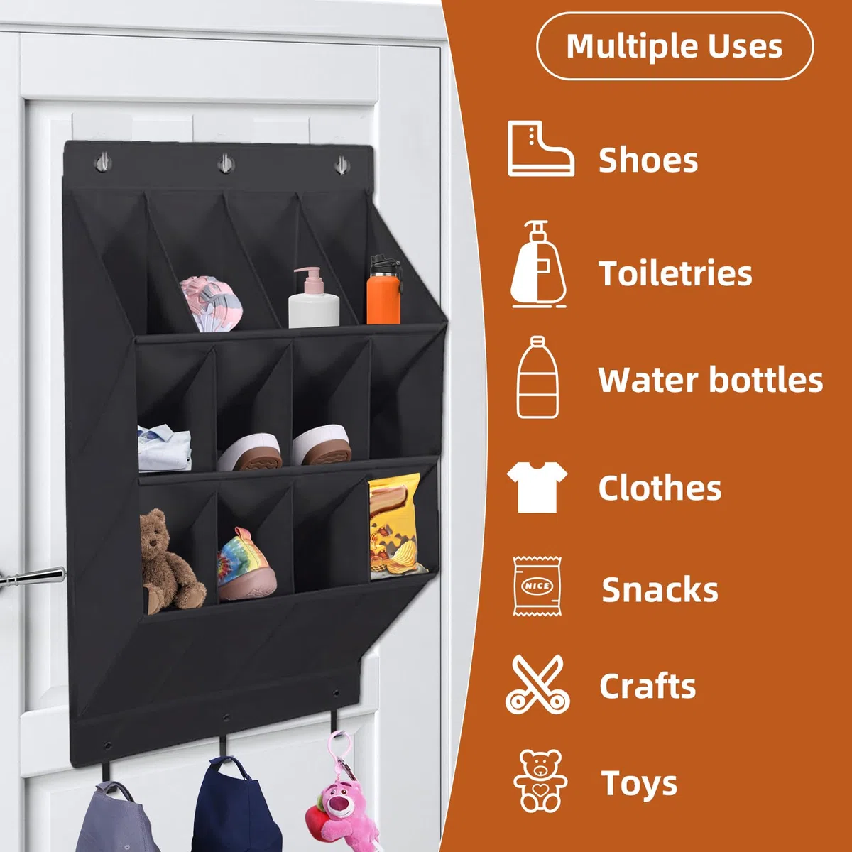 Organizer per scarpe da appendere, con gancio, porta scarpiera con 12 tasche profonde per armadio, organizer da appendere alla porta per campeggio, armadietto, dormitorio e camper, nero