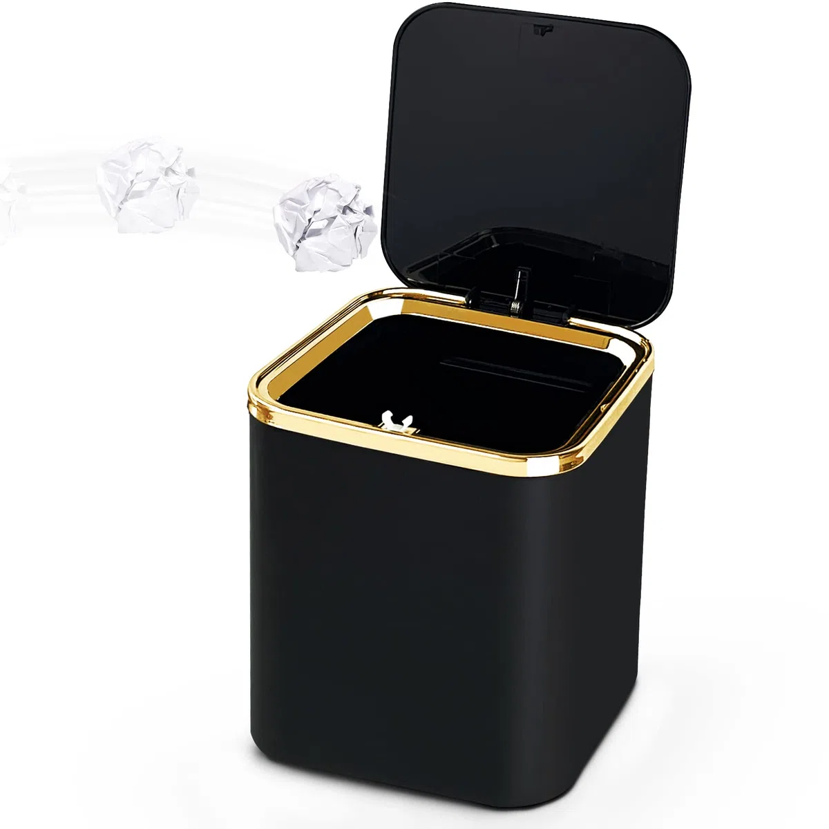 Pattumiera Piccola con Coperchio da Tavolo 2L, Mini Cestino Spazzatura Bagno, Può Essere Parete, per Scrivania, Toletta, Bancone Cucina (Nero)