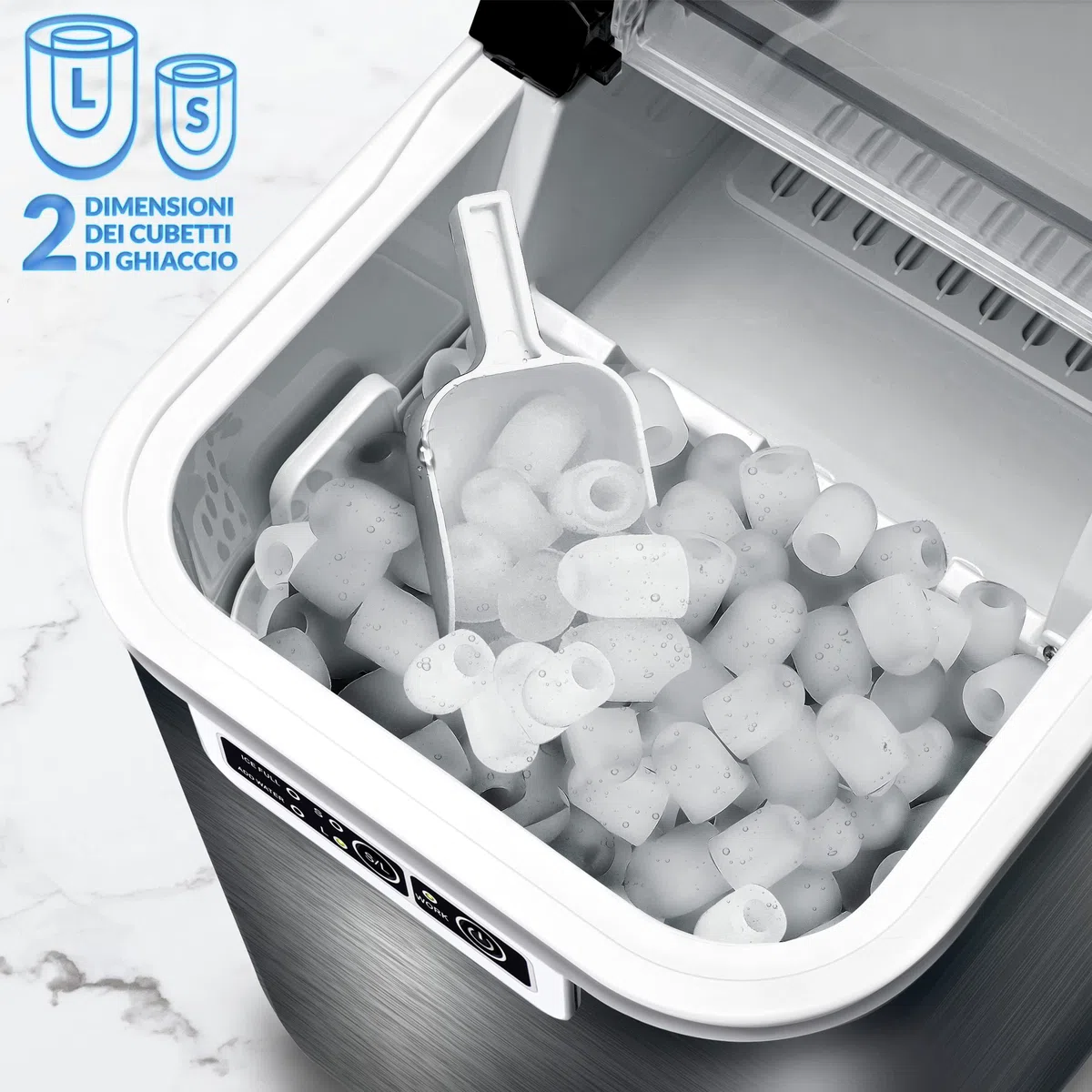 tillvex Macchina per Ghiaccio 12 kg - 24 h | da Casa in Acciaio Inossidabile | Professionale | 2,2 L Serbatoio d'Acqua | Display LED, Autopulizia | 2 Misure di Cubetti
