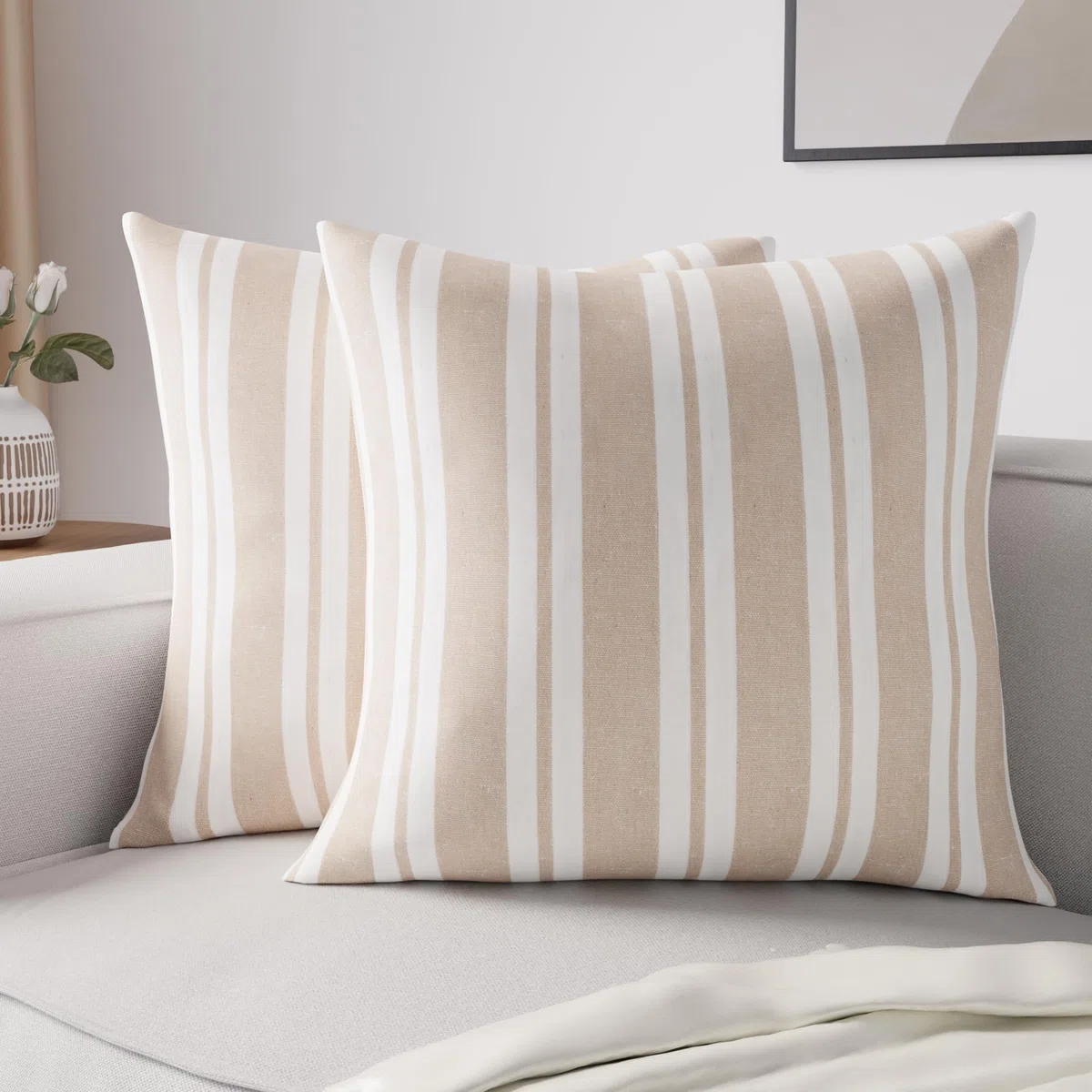 Encasa XO - Copricuscino, Set di 2, (60x60 cm), Franca Righe Beige, Federe Quadrata Realizzate in Morbido Tessuto di Cotone Colorato, Decorative, Per Decorazione Interna, Soggiorno