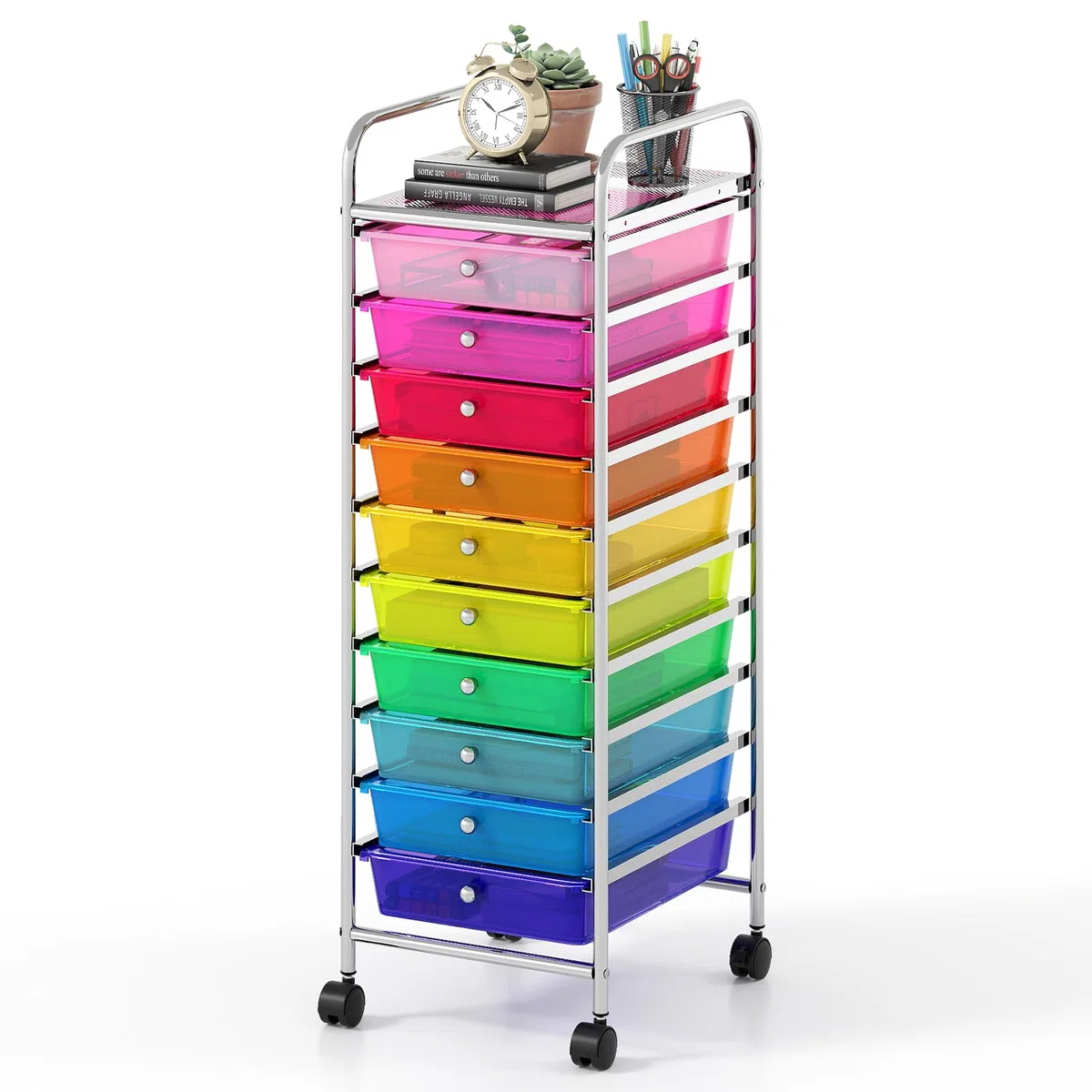 COSTWAY Carrello Portaoggetti con 10 Cassetti, Cassettiera con Ruote, Struttura in Metallo, Ruote Universali Bloccabili e Maniglia, Carrello Organizer per Casa, Ufficio (39 x 32 x 97 cm)