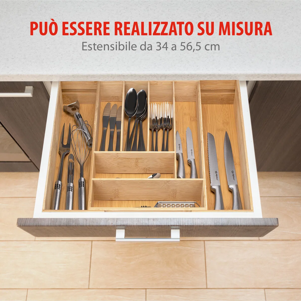 alpina Portaposate da Cassetto - Organizer Casetti Cucina Estensibile 46 x 34-56,5 x 6 cm - Organizzatore Cassetti con 6 a 8 Scomparti - Per Utensili da Cucina, Occhiali da Sole e Altro - Bambù
