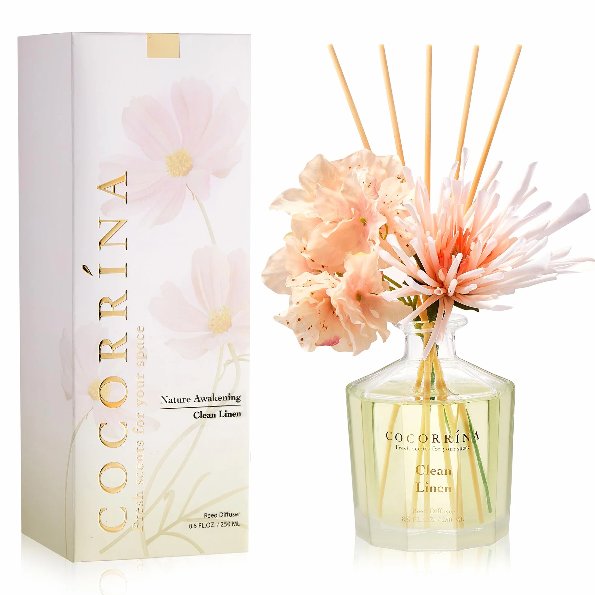 COCORRÍNA Fiore Diffusore Profumo Ambiente con 8 Bastoncini di fragranza 250ml- Clean Linen, naturale, di Lunga Durata, per la Camera da Letto, L'Ufficio, Il Bagno (Collezione Master)