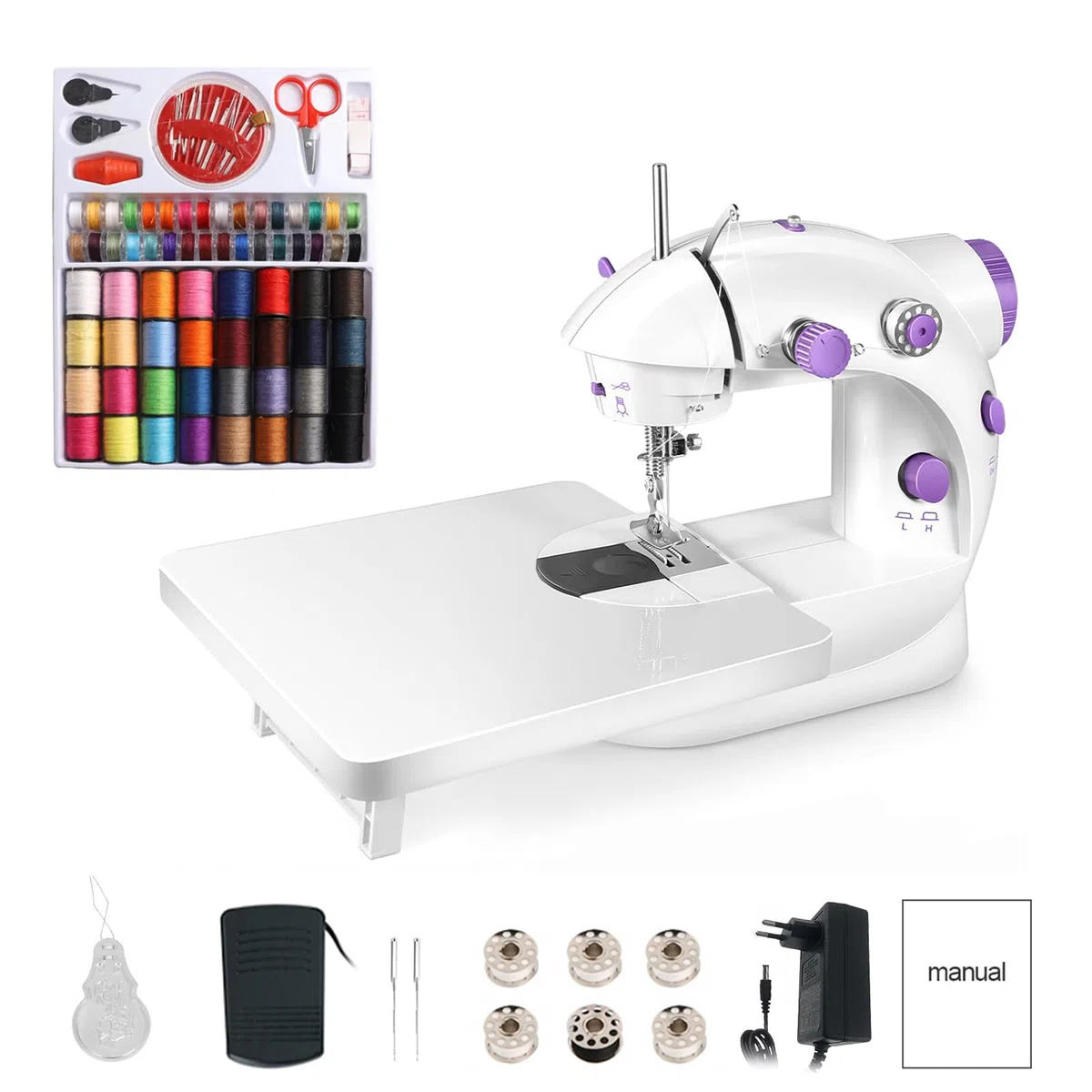 202A Macchina Da Cucire Elettronica Mini Macchina Da Cucire Portatile con 99 Accessori Da Cucito E Tavolo Di Estensione Per Vestiti, Tende, Artigianato (Viola)