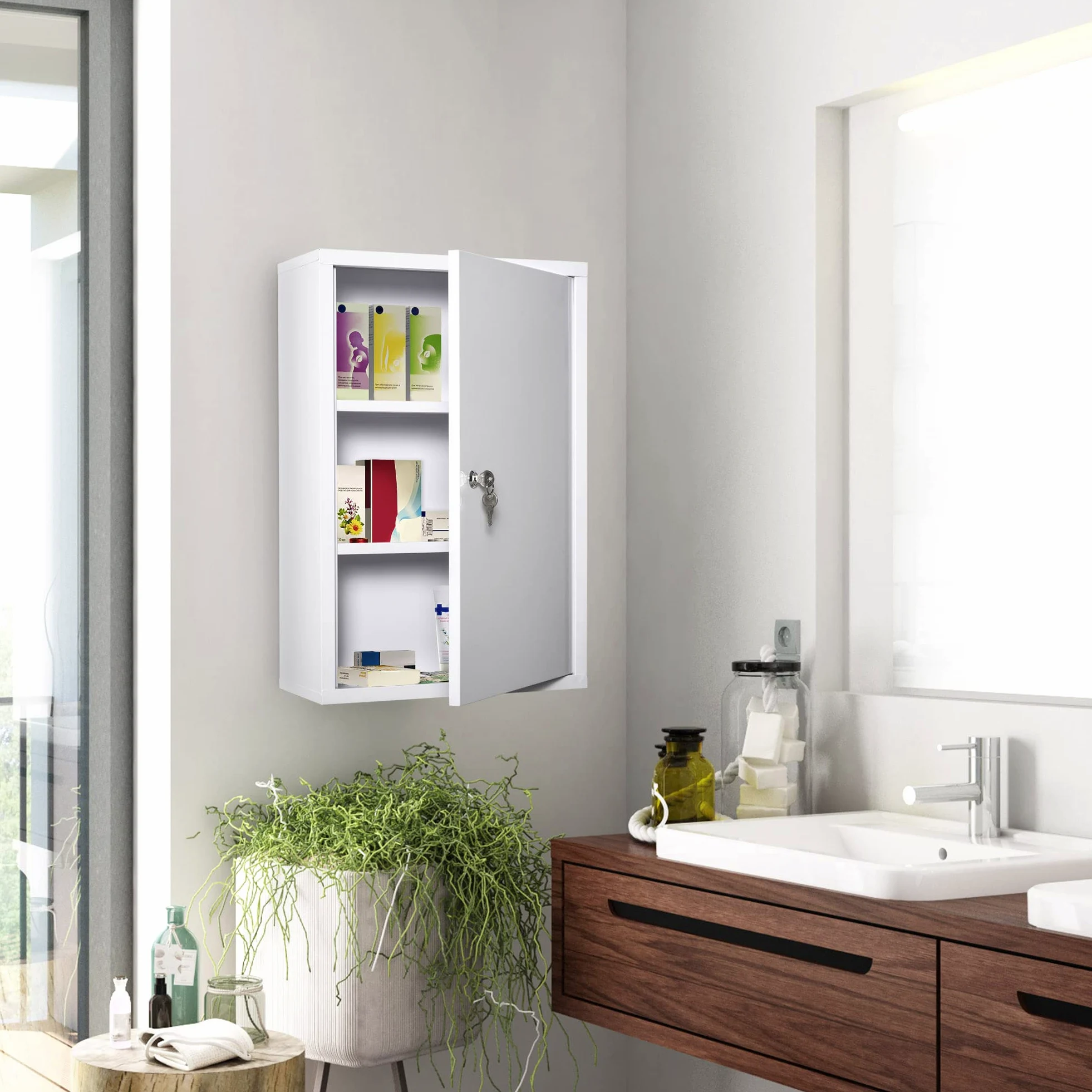 kleankin Armadietto Medicinali a 3 Livelli in Acciaio con 2 Chiavi e Montaggio a Parete, 40x18x60 cm, Bianco