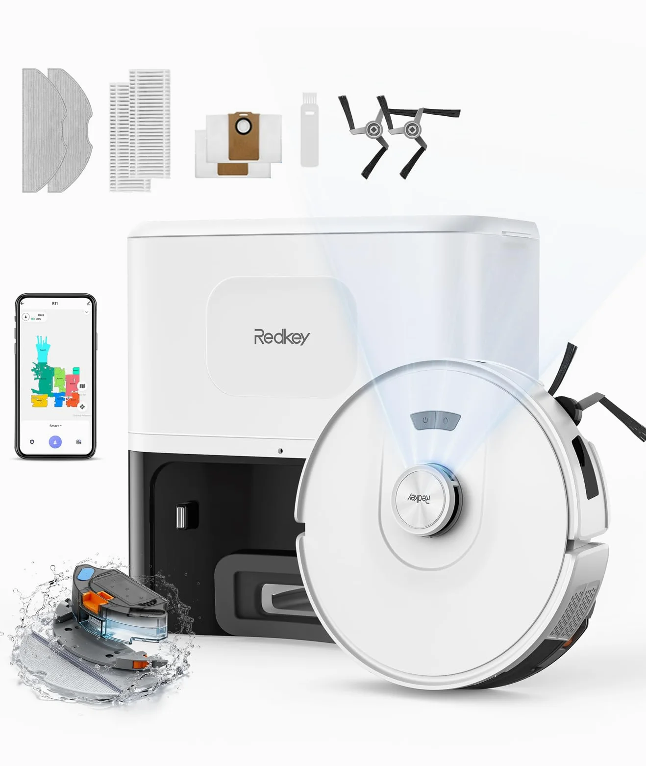 Redkey D8 Robot Aspirapolvere Lavapavimenti con Mappatura, 25000Pa Ultra Aspirazione, 4L Svuotamento Automatico, Anti-Groviglio Capelli, Aspirapolvere Robot Lavapavimenti per Tappeti/Peli/Animali