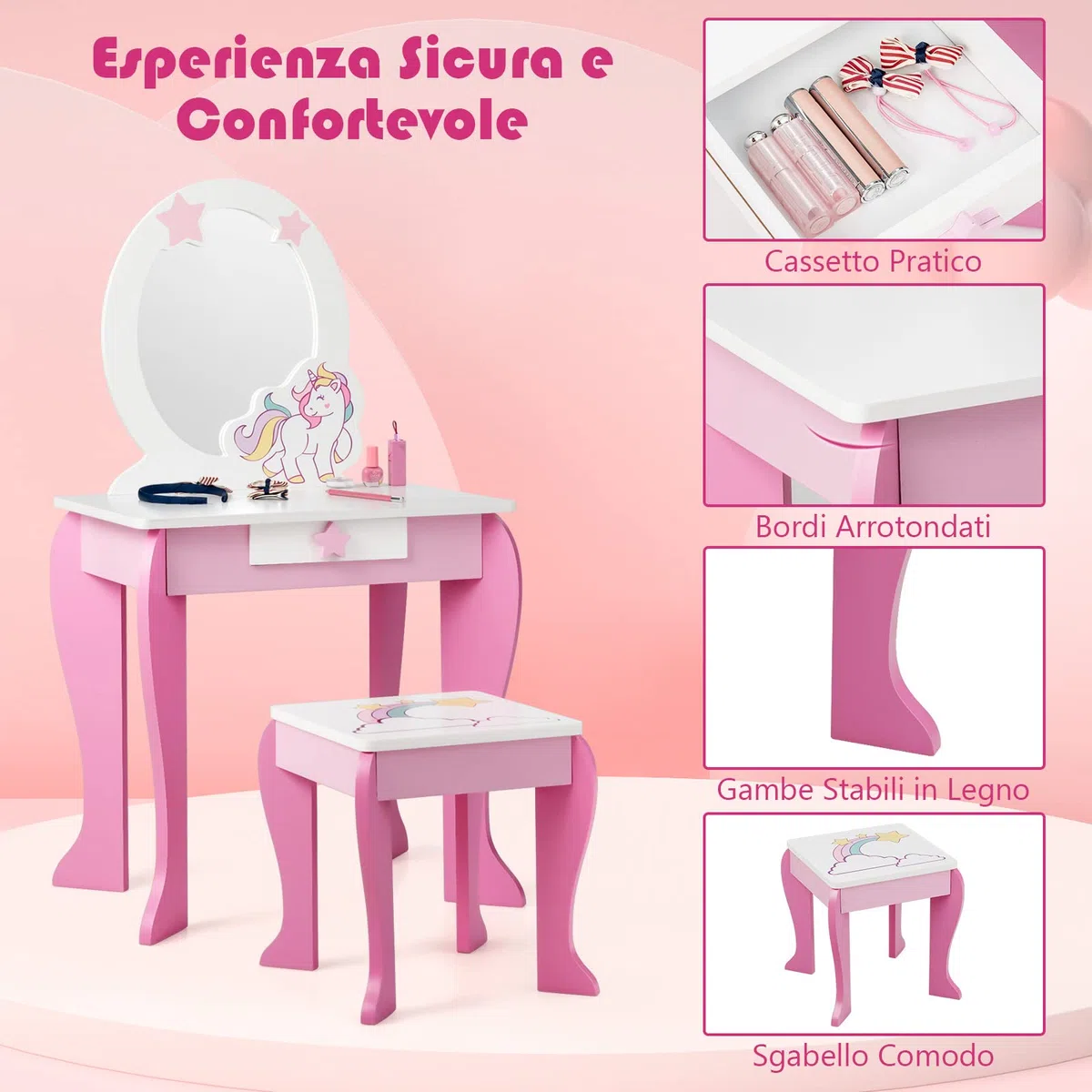 RELAX4LIFE Toeletta da Trucco con Sgabello per Bambini, Scrivania con Specchio Rotondo Rimovibile, Cassetto con Manopola a Stella, Scrivania e Sedia per Cameretta, Modello Unicorno (Rosa)