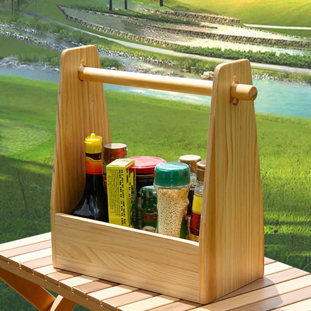 Scatola per Condimenti In Legno, Portaspezie, Organizer per Porta Condimenti da Esterno con Manico Ripiano per Scatola per Condimenti per Barbecue