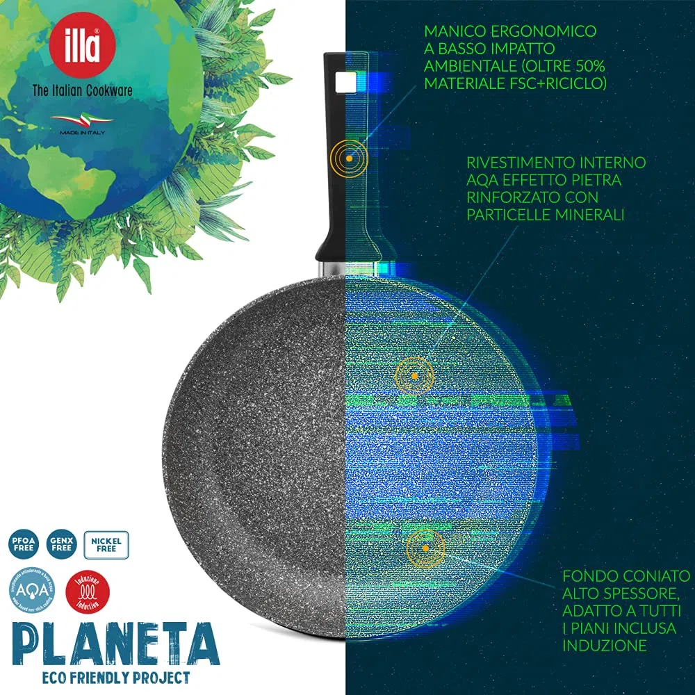 ILLA Planeta Tegame 2 manici 24 cm adatto per Induzione in Alluminio 100% riciclato, Made in Italy