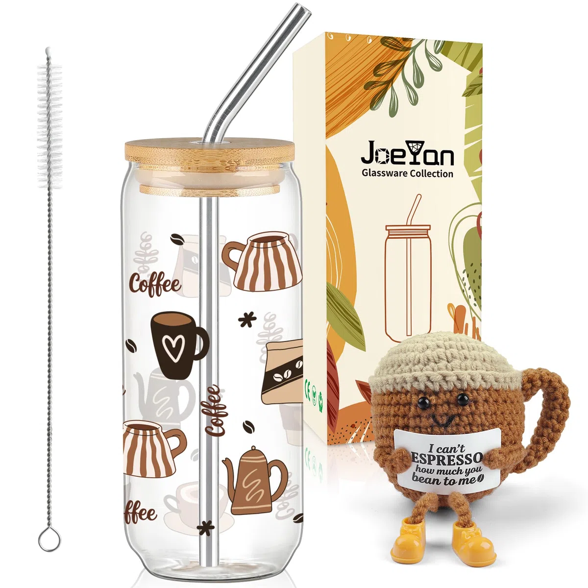 Joeyan Set Regalo per Persona Speciale – Supporto Emotivo all'Uncinetto e Tumbler Vetro 20oz Coperchio Cannuccia per Caffè Freddo, Regalo Compleanno per Amanti Caffè, Uomo e Donna