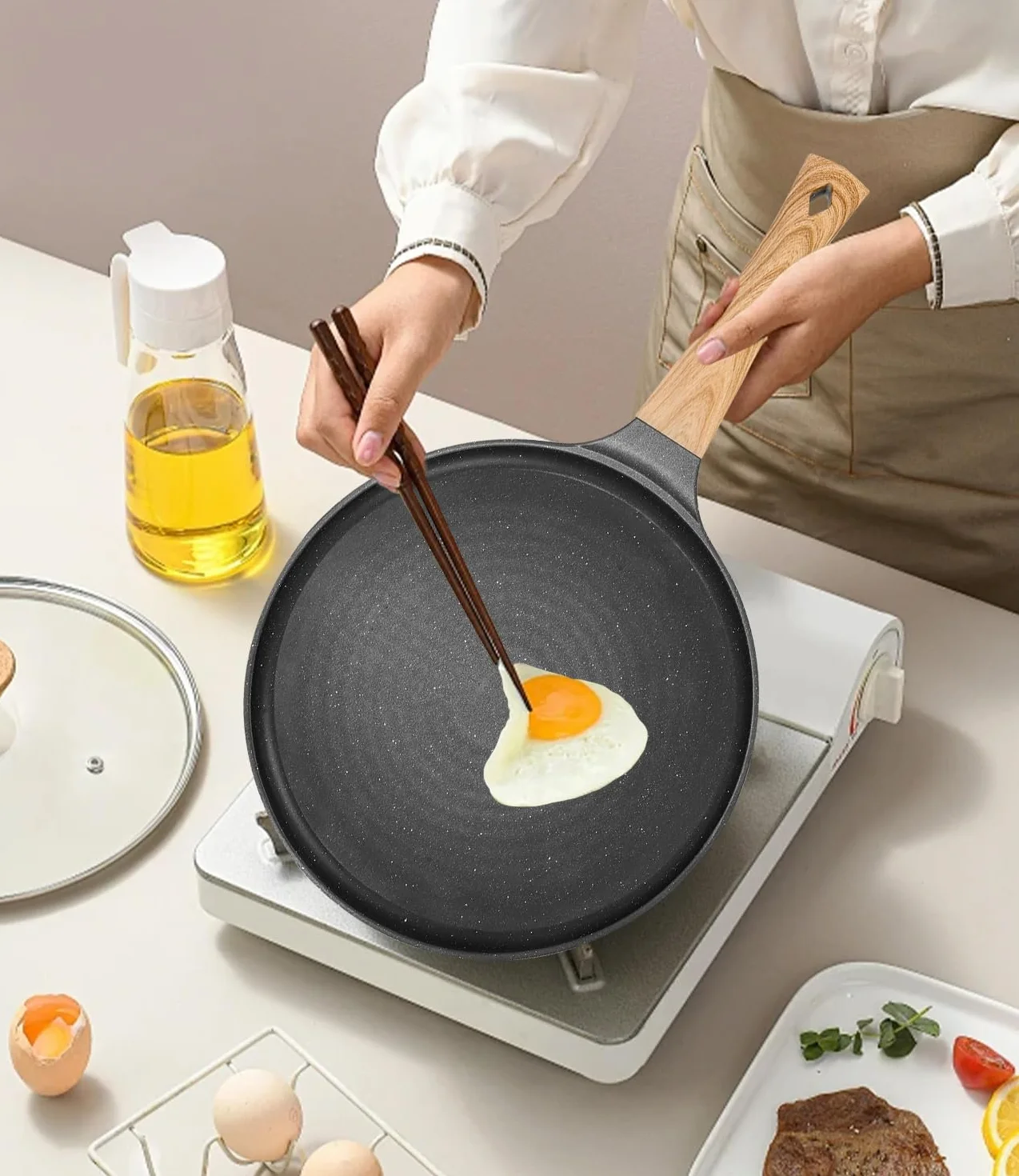 Padella crepes antiaderente nera 28 cm con rivestimento antiaderente in granito svizzero, manico in bachelite, compatibile EMC, senza PFOA