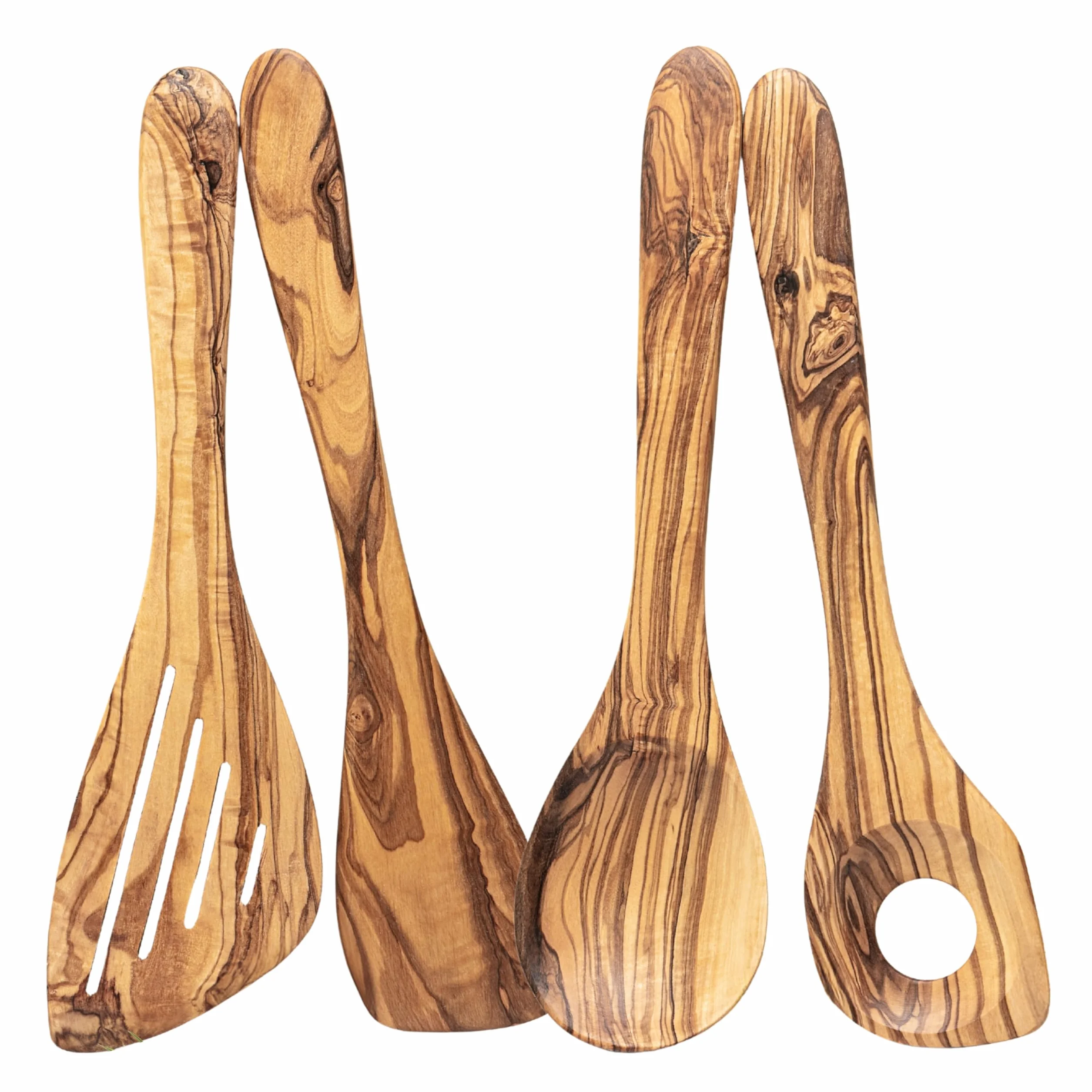 Erreke Set Utensili Cucina Legno, Realizzati a Mano in Ulivo Mediterraneo, Set Mestoli Cucina Legno, Cucchiaio, Spatola, Mensolo, Resistenti al Calore e Durevoli, 4 Pezzi