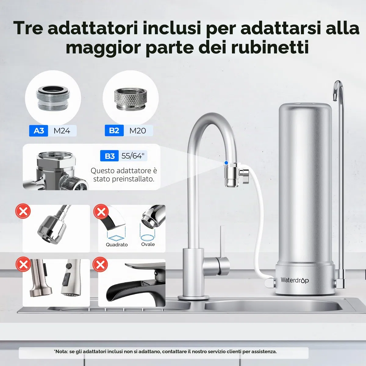 Waterdrop Sistema di filtrazione da banco WD-CTF-01, acciaio inossidabile 304 per uso alimentare, filtro dell'acqua del rubinetto a 6 stadi, lunga durata, riduce il 99% di cloro, metalli pesanti