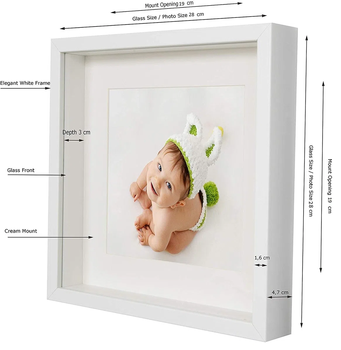 BD ART 3D Box Cornice per Foto 28x28 cm Profonda 3 cm Cornice Foto con Foglio Plexiglass Trasparente - Bianco Passe-partout 19x19 cm bianco piazza Decorazioni Fai da Te