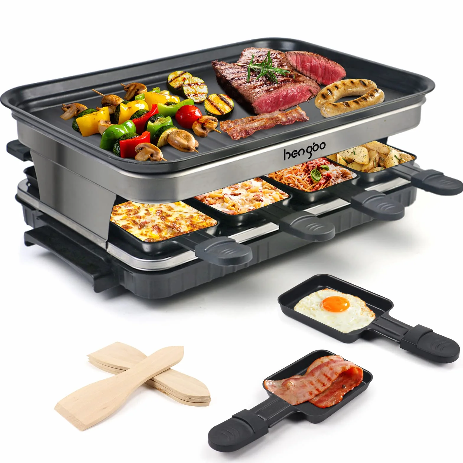 Raclette 8 Persone Piastra Raclette Grill in Alluminio, 8 Pentolini da Raclette, Calore Regolabile Continuo Termostato, 1500 Watt