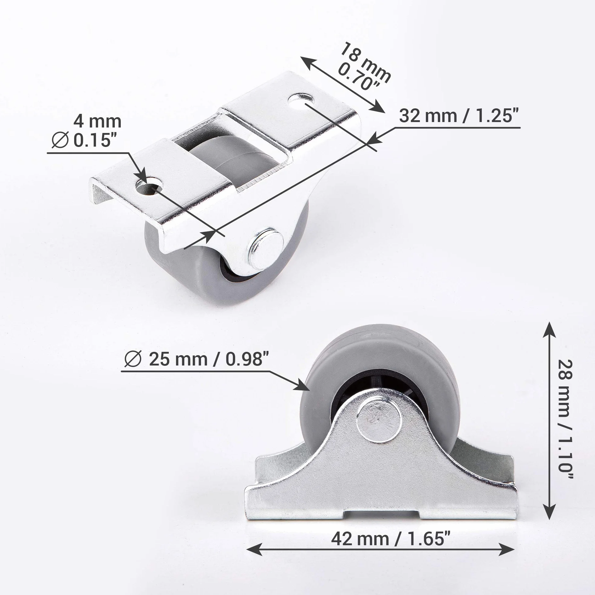 Set di 20 rotelle girevoli a doppia ruota, in gomma e plastica, 25 mm, con placca in metallo, misura piccola, adatte per mobili e stumenti