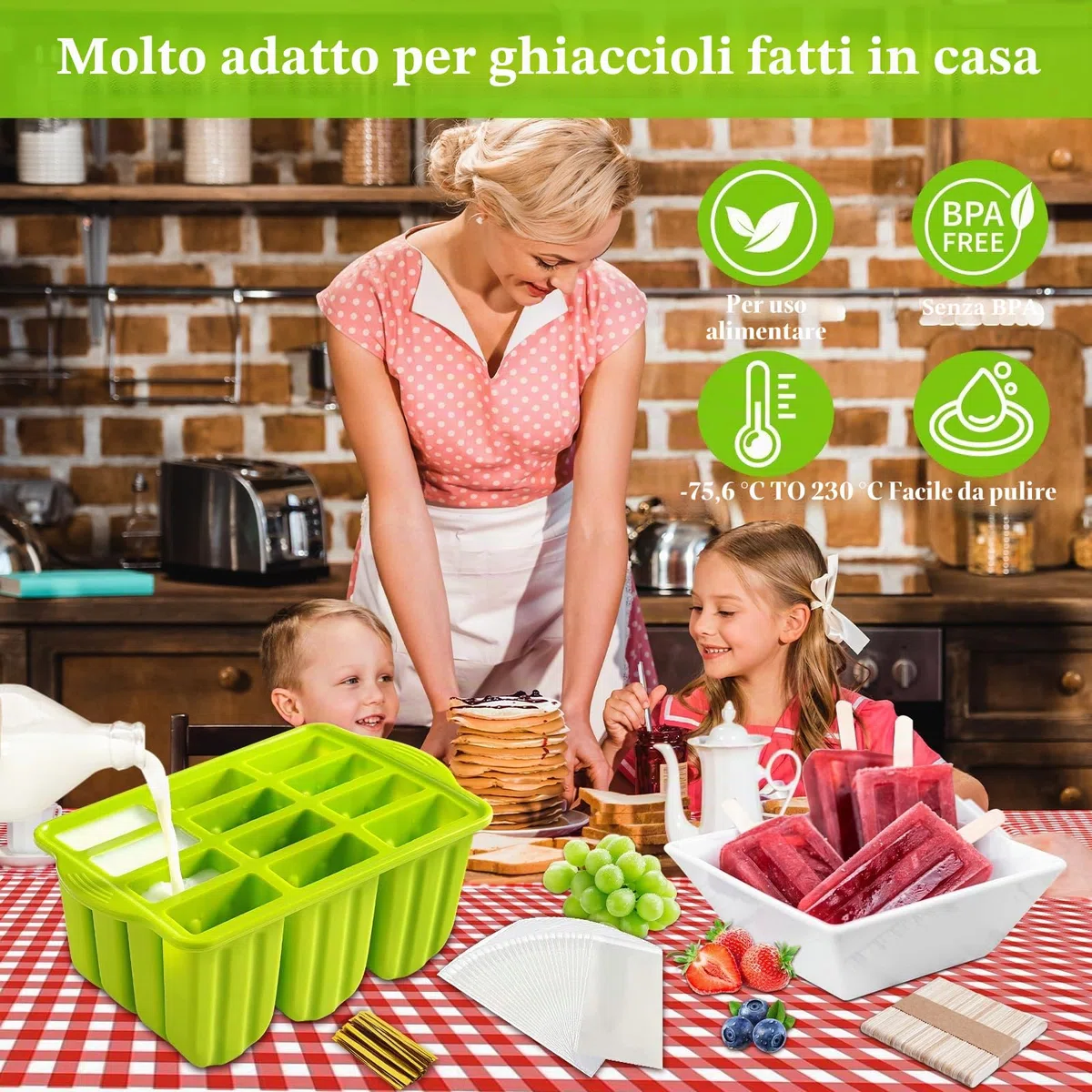 FAMKEEP Stampi per Crema,Ghiaccioli in Silicone Stampo, Silicone Stampi per Gelato senza BPA, DIY Stampi Riutilizzabili di Gelati 12 Cavità in Silicone, Stampo Ghiaccioli per Bambini Adulti