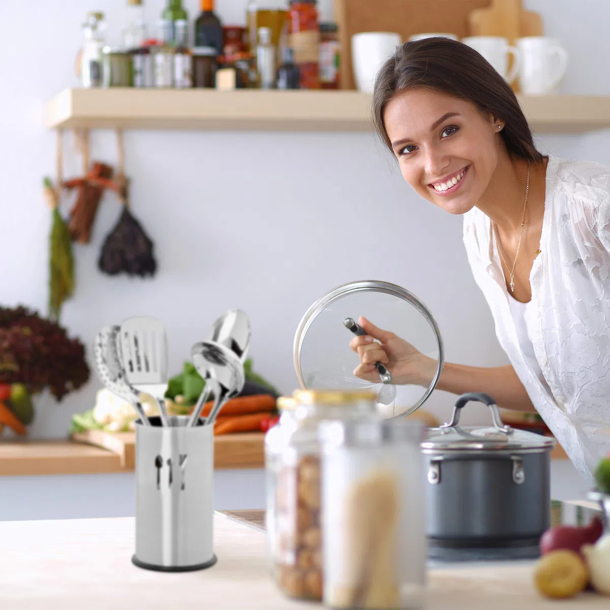 Relaxdays Porta Utensili da Cucina, Set da 5 Accessori, 4 Mestoli, Portaposate, Portamestoli, Kit in Acciaio, Argento