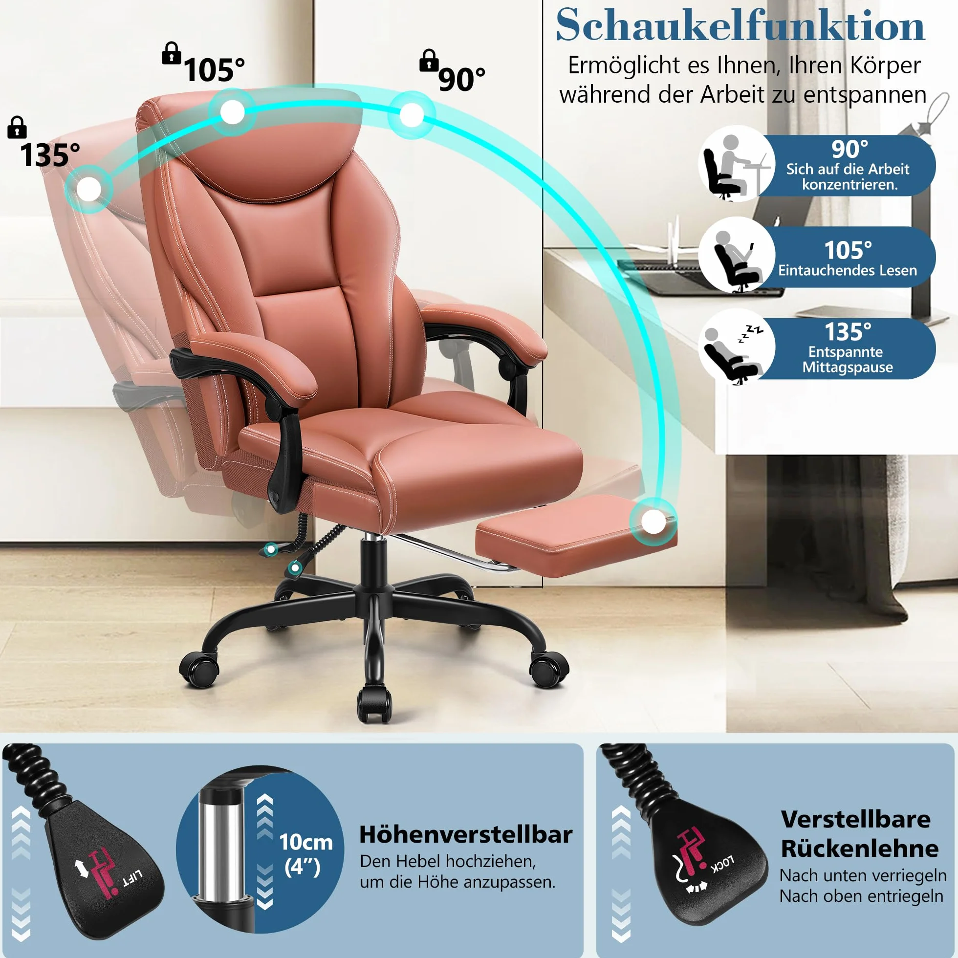 FelixKing Sedia da ufficio ergonomica in pelle PU, schienale alto, sedia da computer inclinabile con poggiapiedi, supporto lombare, regolabile in altezza (marrone opaco)