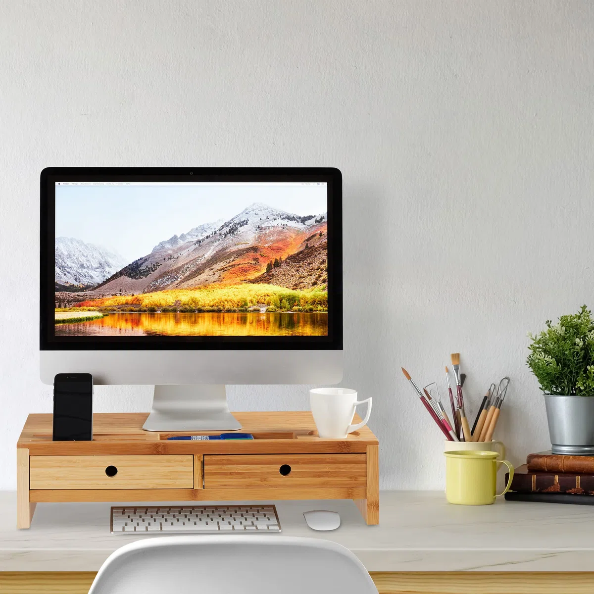 Relaxdays Supporto per Monitor, bambù, Rialzo per PC, 2 Tiretti & Scomparti, HLP 14 x 60 x 30 cm, Bianco/Legno Naturale