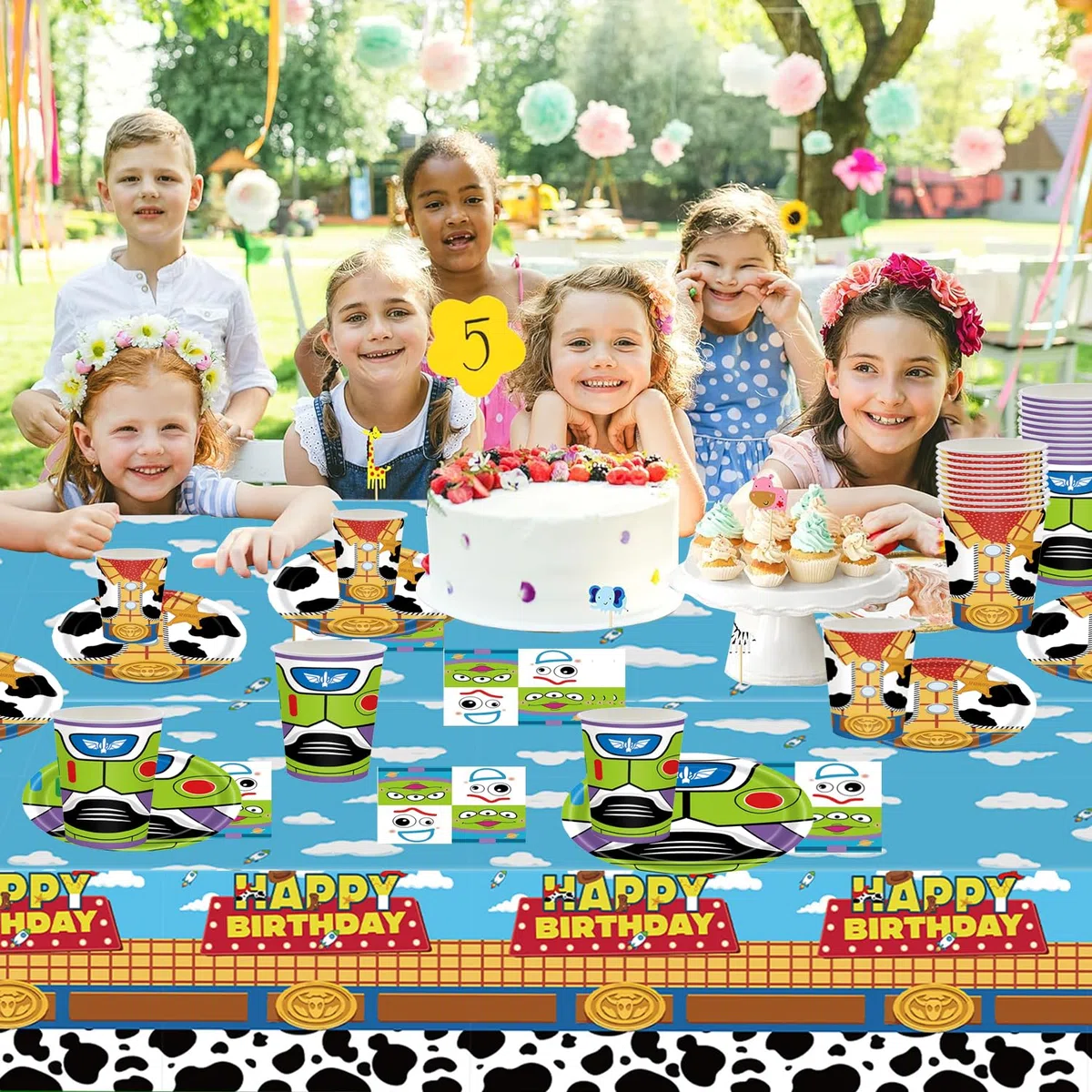 Set di 61 pezzi di stoviglie per feste Toy Story, decorazioni per feste di compleanno per bambini, comprensivo di bicchieri, piatti, tovaglia e tovaglioli, per 20 ospiti