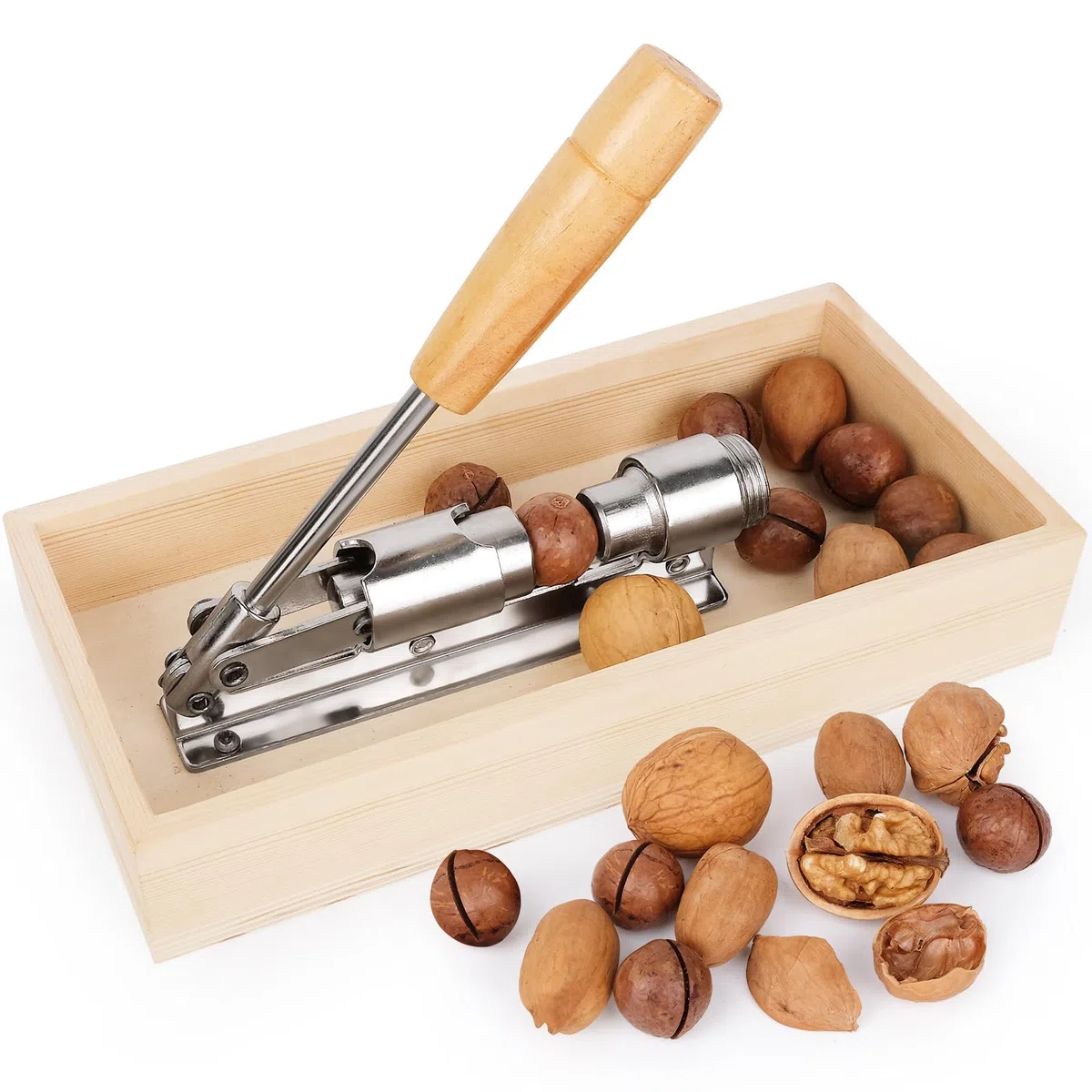 ChromLives Cracker di Noci per Impieghi Gravosi Nut Cracker Pinza Aperta (Argento+Legno)