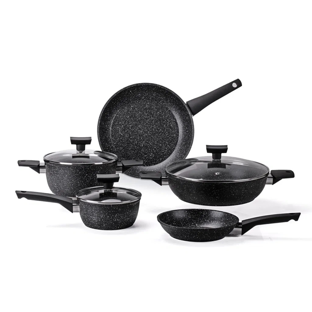 MONETA Set Pentole Induzione 8 Pezzi Magnolia Stone Black, Batteria Pentole Antiaderenti con Padelle 20 24 cm Tegame 28 cm Casseruole con Coperchi, Fondo Full Induction