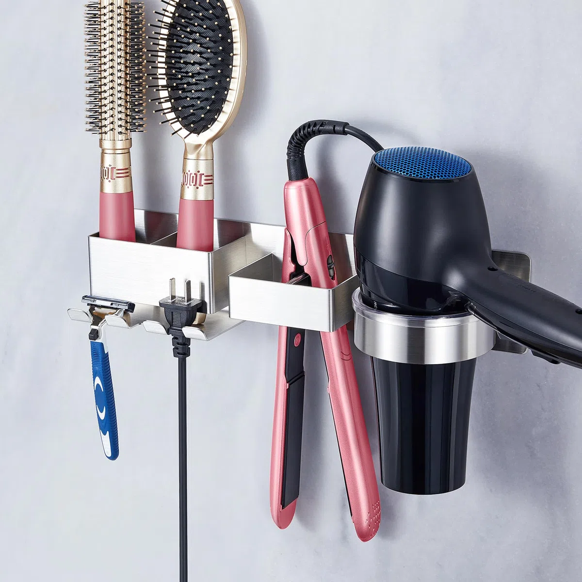 Porta phon e piastra, Porta phon da muro, Porta piastra per capelli, Porta asciugacapelli con 2 Scomparti E Supporto per Cavo, in acciaio inox Porta Phone Bagno da Muro, Supporto per asciugacapelli