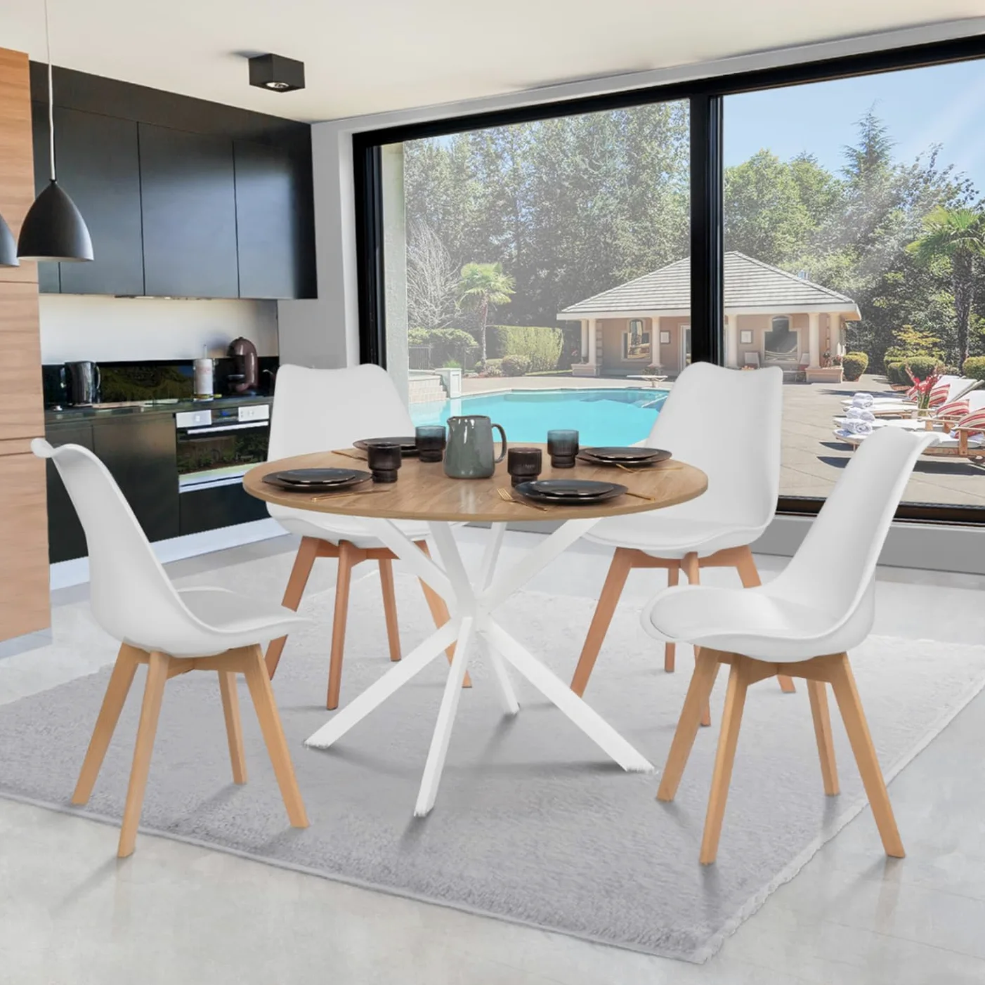 IDMarket - Tavolo da pranzo rotondo ALIX, legno e gambe a ragno bianche, 4-6 persone, 110 cm