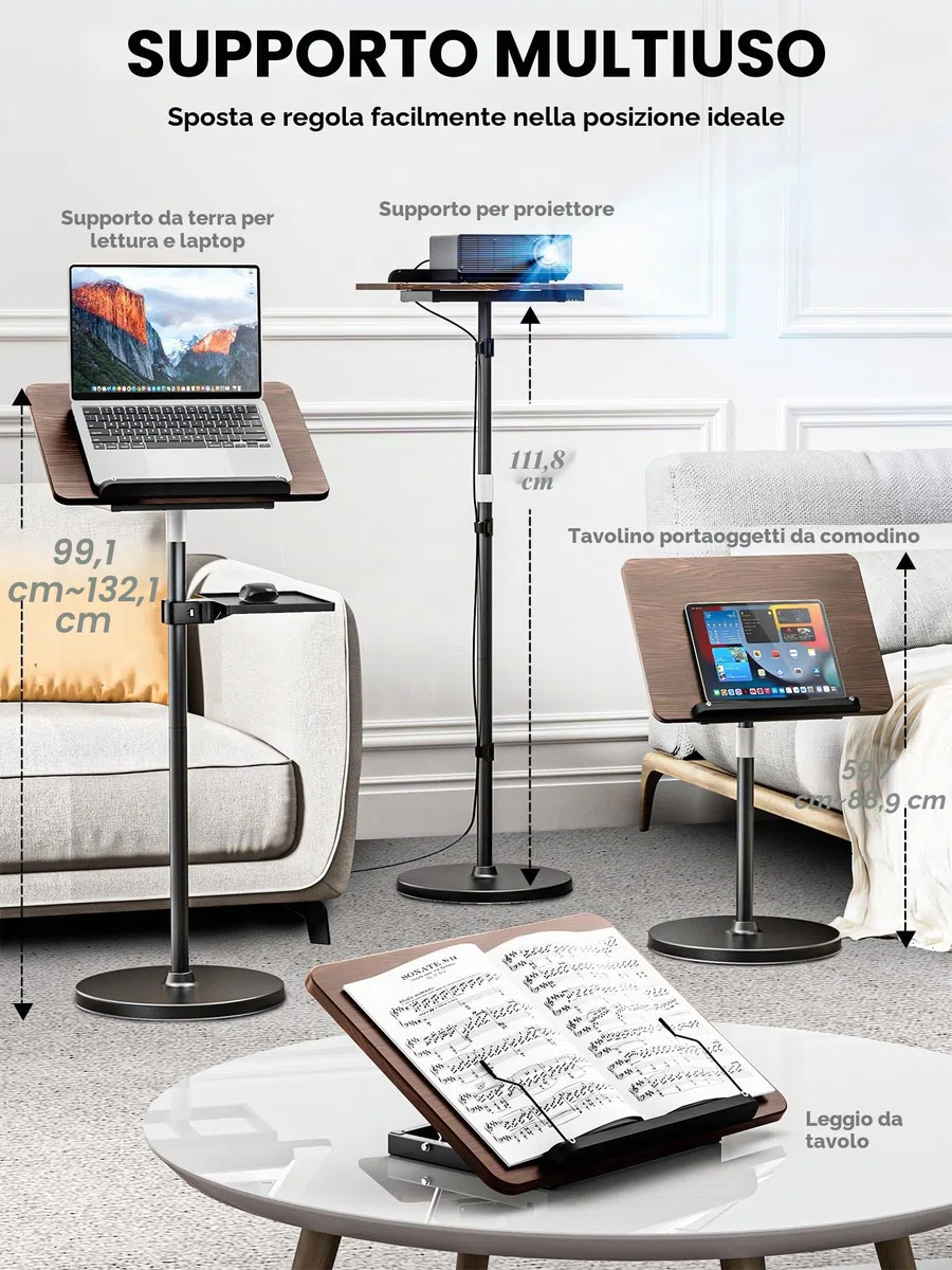 [2 in 1 Staccabile] Supporto PC Portatile Altezza Regolabile 60-130 cm, Tavolino Portatile Standing Desk per Supporto Proiettore, Leggio Musicale, Leggio per Libri - nero