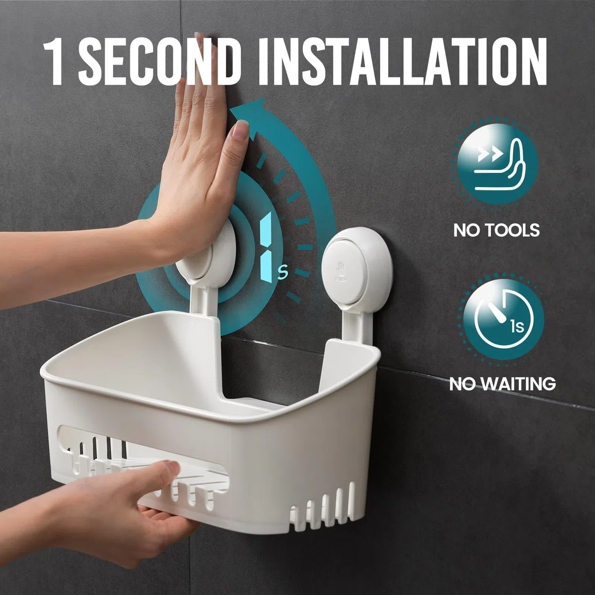 TAILI Contenitore per doccia con ventosa, organizer per doccia, mensola rimovibile da bagno, con ventosa potente, tenuta massima di 10 kg, supporto impermeabile, bianco