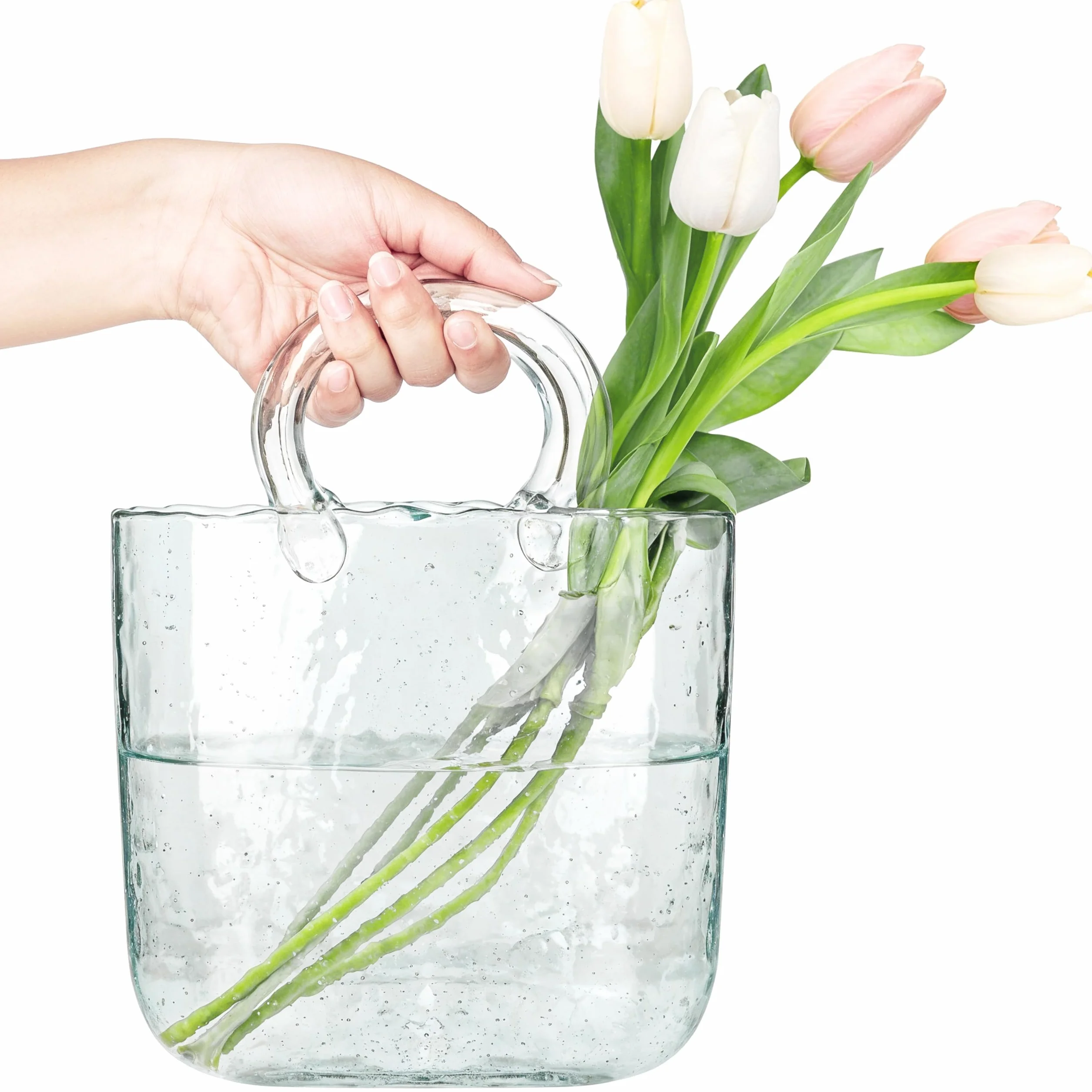 Vaso Trasparente a Forma di Borsa - Vetro da Interno per Fiori, Frutta, Pesciolini, Caramelle - Design con Effetto Bolle d'Acqua - Accessori Moderni per la Casa