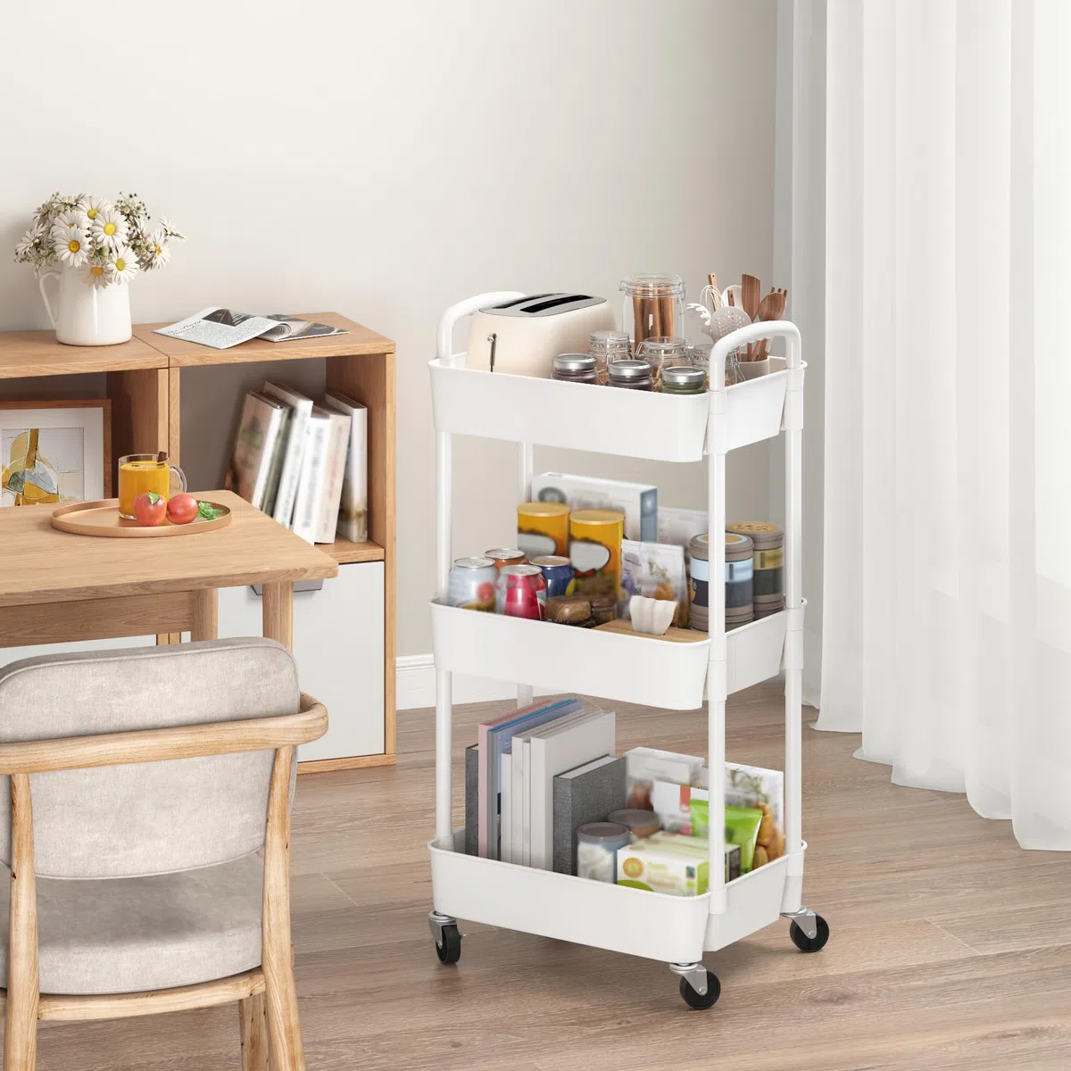 Sywhitta Carrello multiuso in plastica a 3 livelli con maniglia, carrello portaoggetti multifunzione per ufficio, soggiorno, cucina, organizer mobile con ruote, bianco