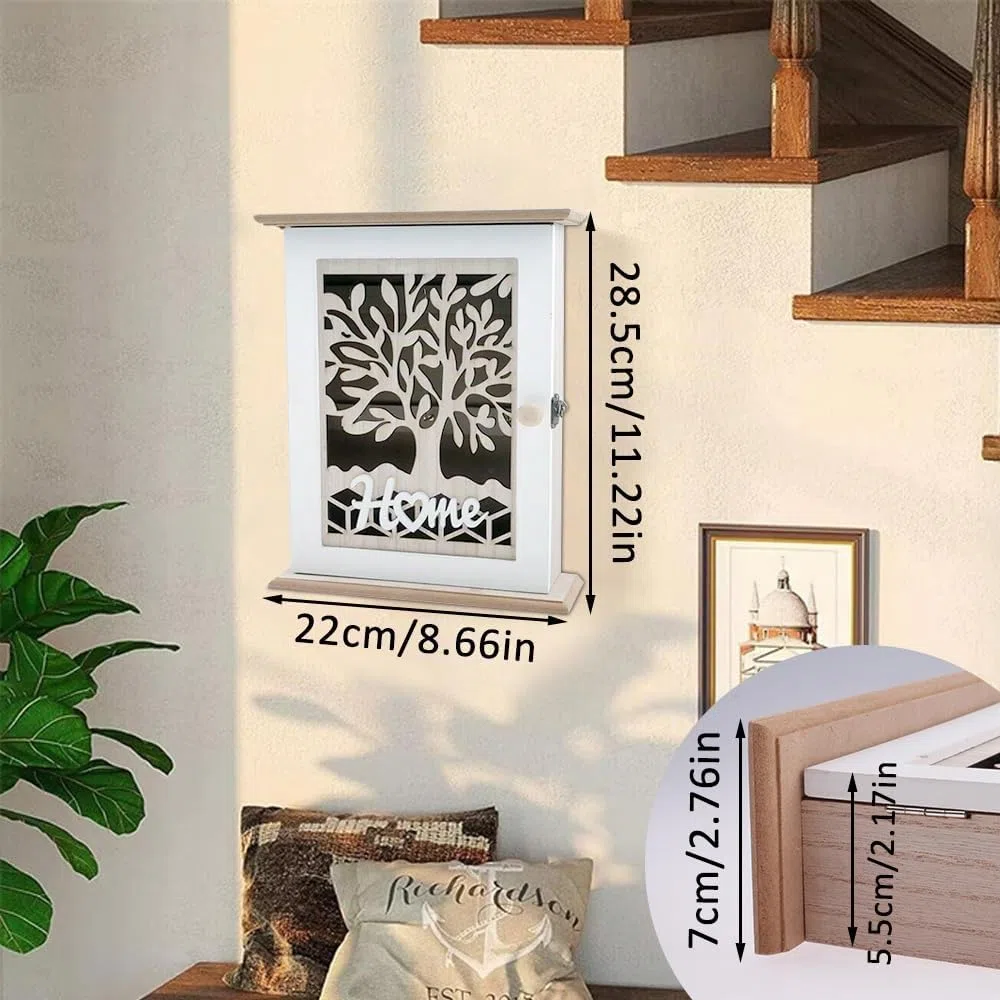 Cassetta portachiavi in legno, vintage, con 6 ganci per chiavi, design retrò, per chiavi, gioielli, piccoli oggetti, 22 x 7 x 28,5 cm, bianco