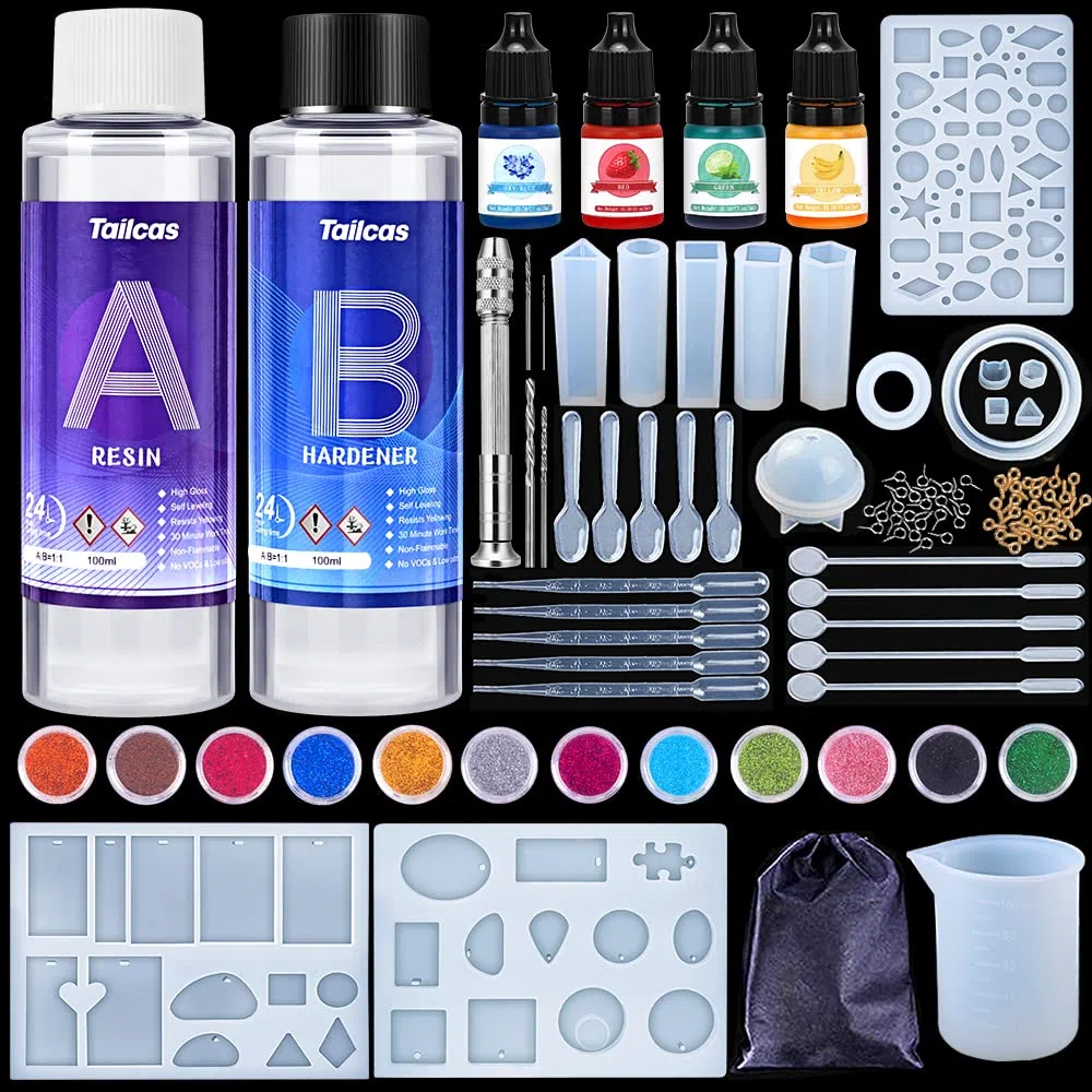 Kit Epossidica Trasparente, Stampi per Resina Rapporto 1:1 Starter Kit per Principianti, 200 ml Resina e Indurente, Pigmenti, Glitter, Misurini, Ottimo per Artigianato, Gioielli, Legno