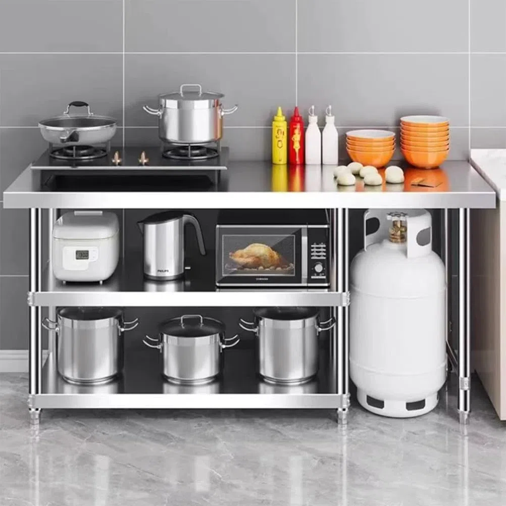 Tavolo da Lavoro Inox, 3 Ripiani, Portata 200 kg, Tavolo in Acciaio Inox Resistente per Preparazione Alimenti Banco Cucina Inox per Ristoranti Panificio Macelleria,110x60x80cm