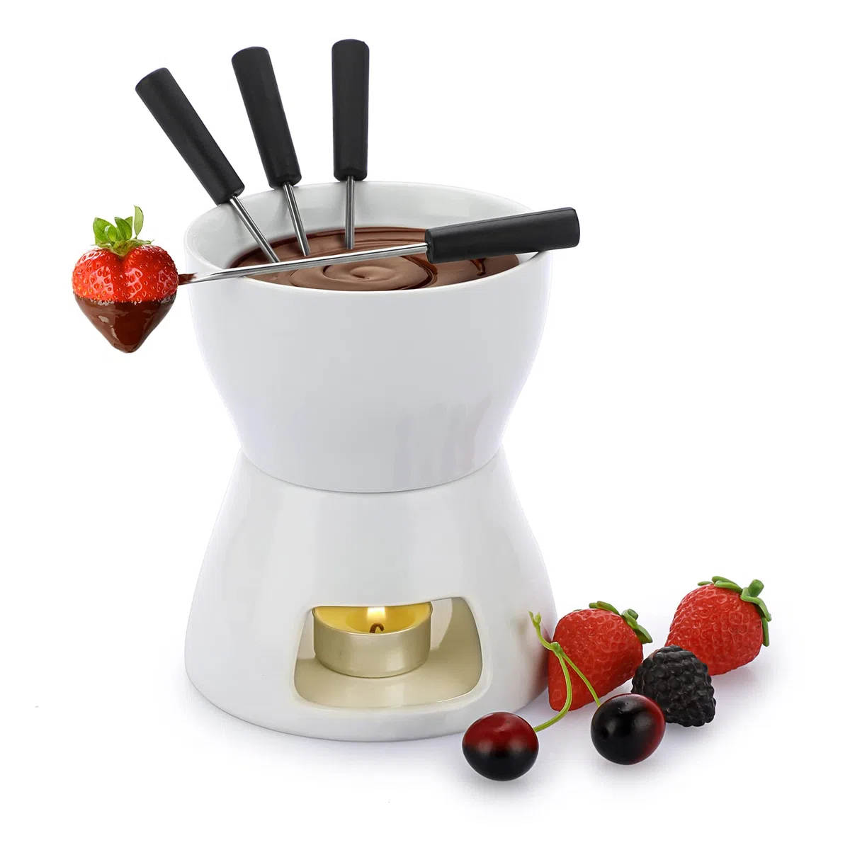 SUMNACON Set di pentole al cioccolato in ceramica con 4 forchette per fonduta di formaggio per cioccolato, formaggio, fonduta, cena in famiglia, dessert, picnic, feste di vacanza, bianco