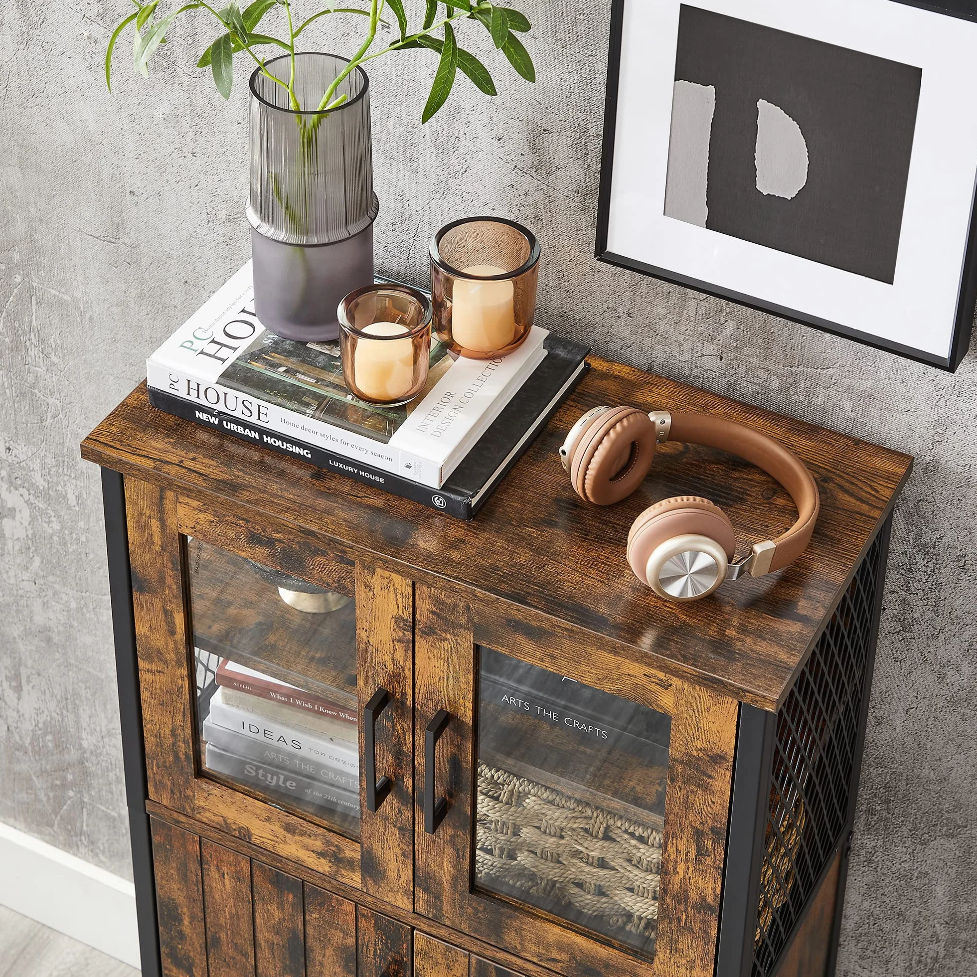 VASAGLE Mobiletto Multiuso, Armadietto, Credenza, Ripiano Regolabile, Mobile da Bagno, Struttura in Acciaio, per Salotto Cucina, Stile Industriale, Marrone Vintage e Nero LSC260B01