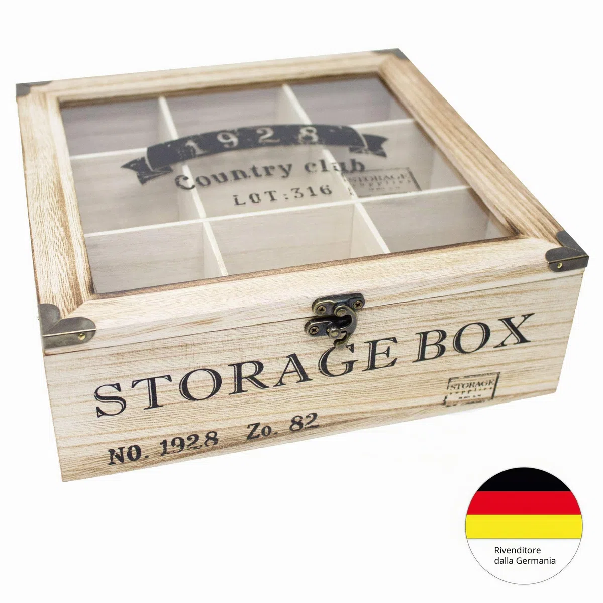ToCi Scatola da tè in legno naturale con 9 scomparti – Scatola rettangolare con finestra in stile vintage – Contenitore per tè per bustine di tè, spezie e piccole parti | 24 x 24 x 8,5 cm