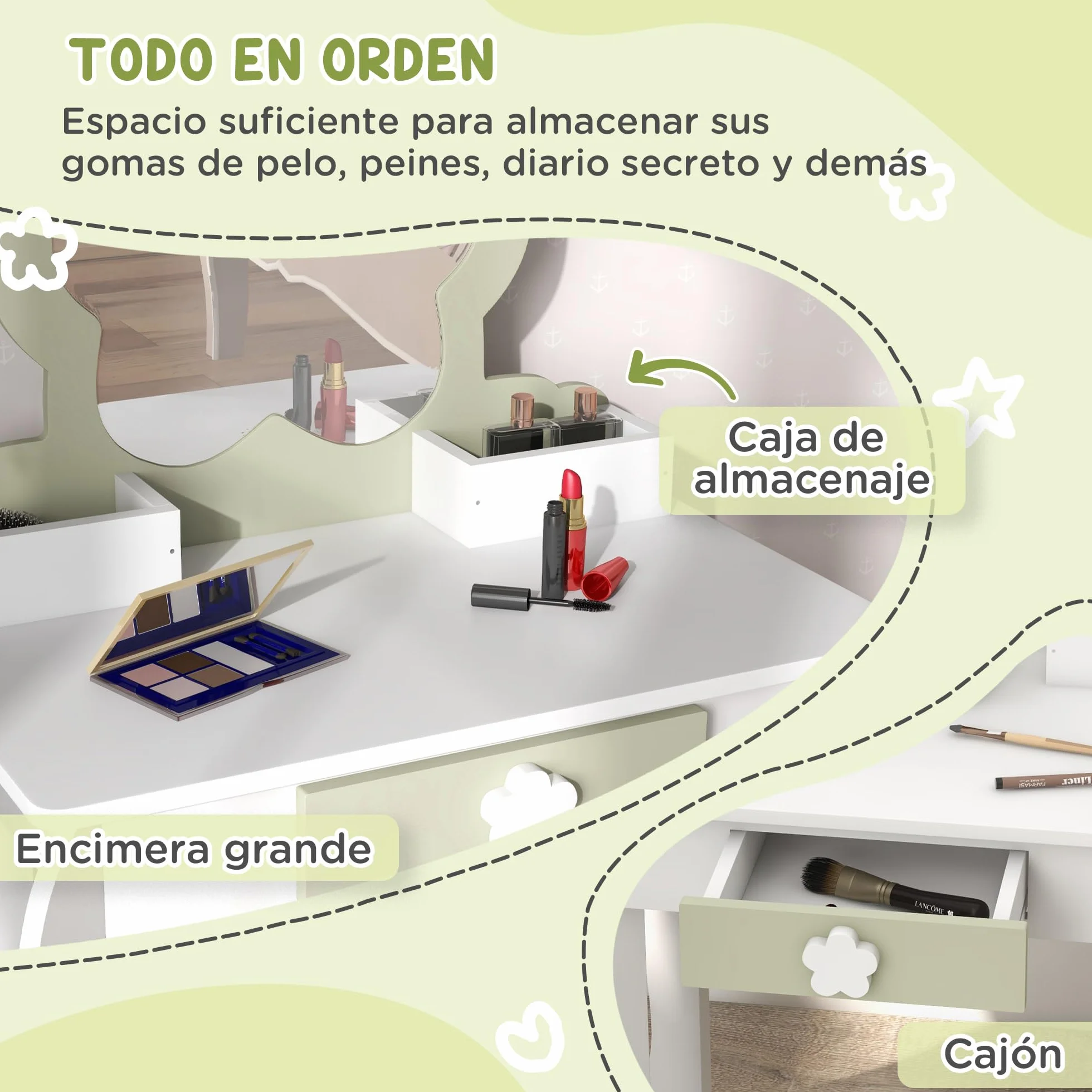 ZONEKIZ Set Toeletta con Specchiera Trucco per Bambina con Sgabello Abbinato, Tavolo Toeletta in Legno con Cassetto e Contenitori, Specchio a Fiore, Bianco