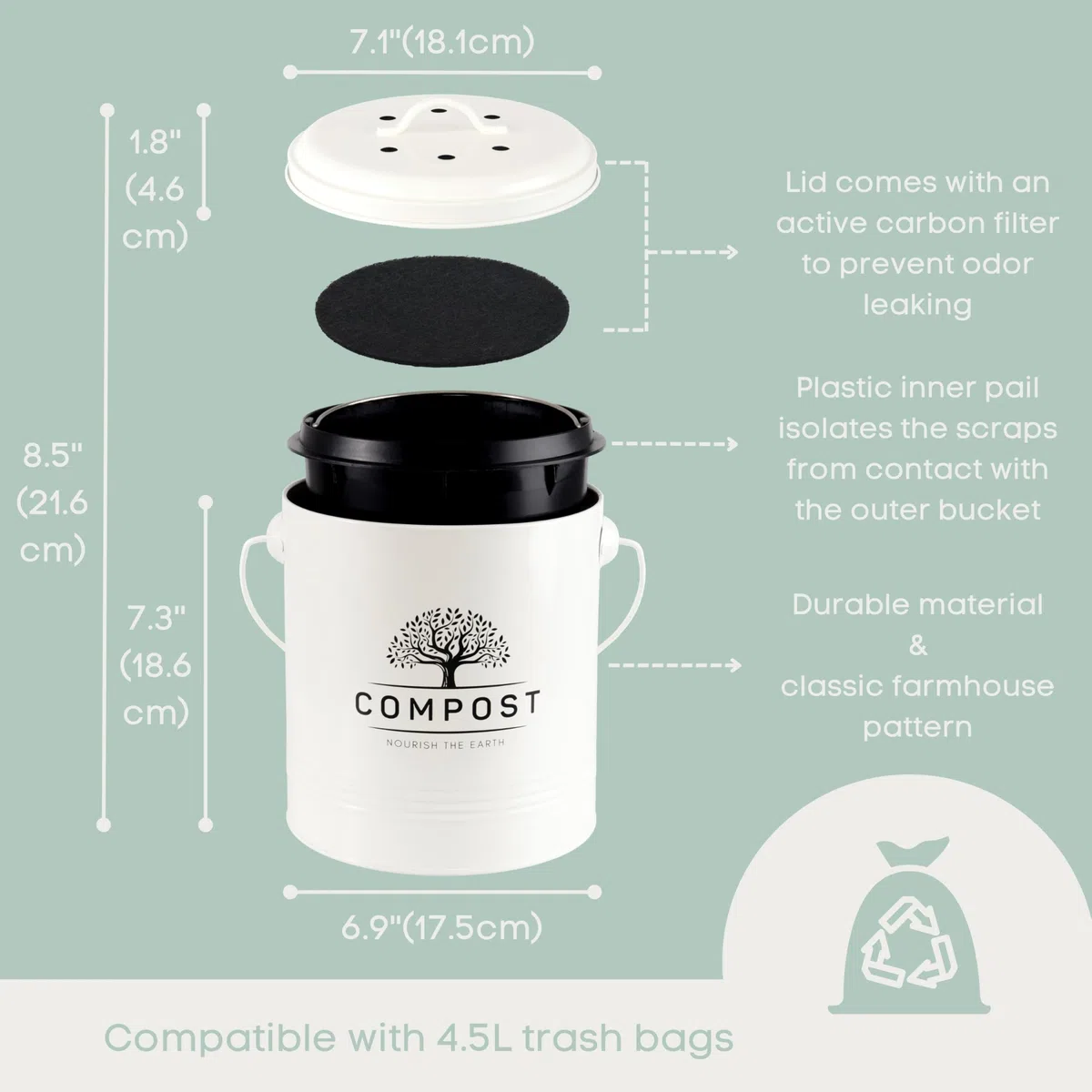 Perfnique Pattumiera da cucina per compost, da 1,3 galloni, con coperchio, secchio per compost da interno con fodera interna e filtro al carbonio, piccolo cestino per compostaggio