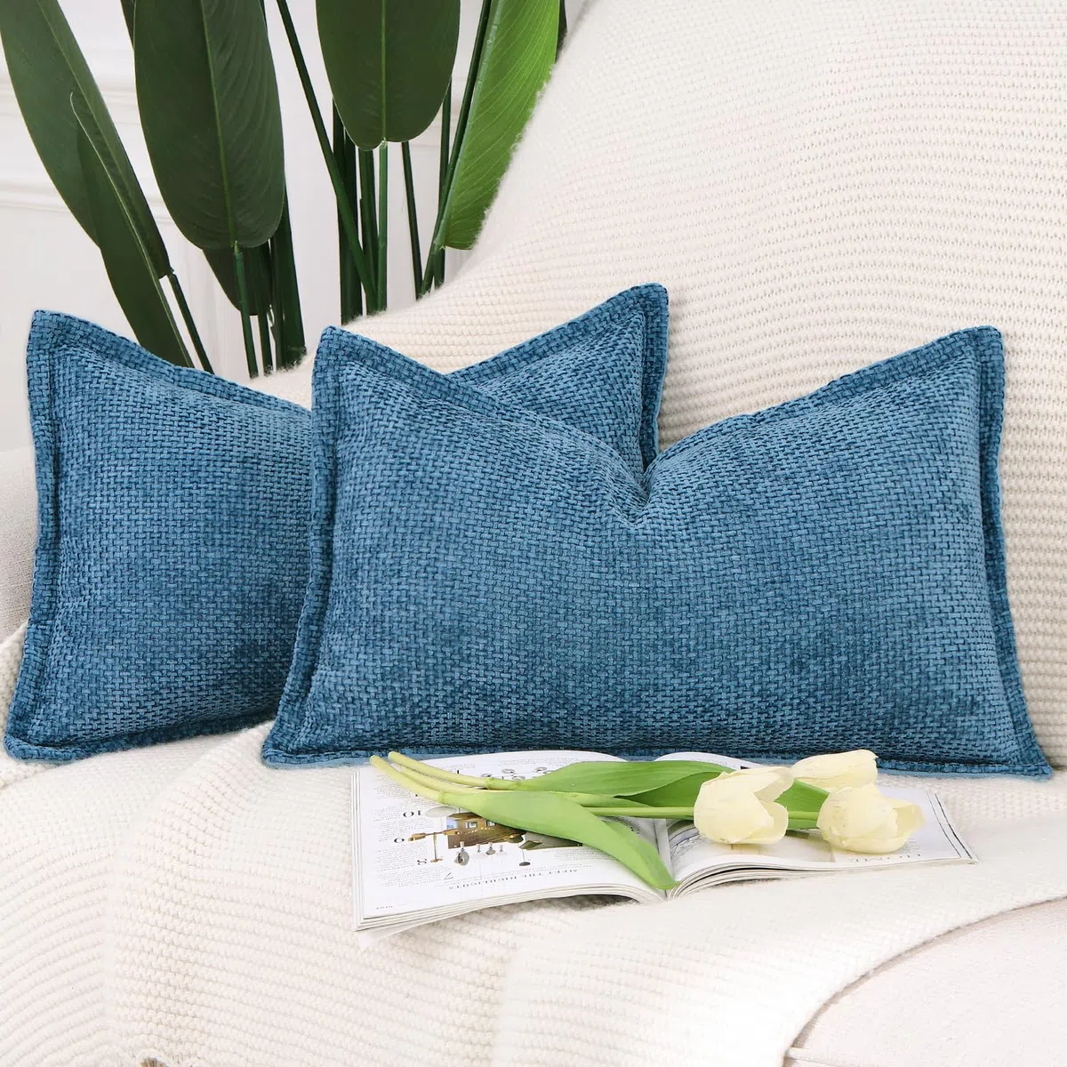 Madizz 2 Pezzi Copri Cuscino in Velluto Chenille con Bordo Copricuscini Morbido Decorativo Fodere per Cuscino Lusso Stile Arredi per Casa Divano Letto Blu scuro 40x80 cm