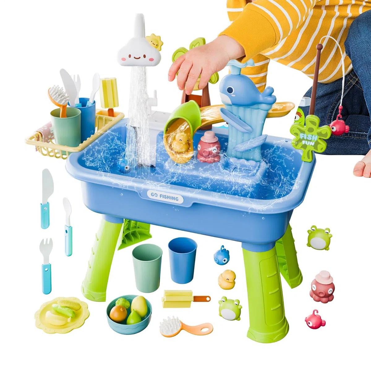 Generico Tavolo 'Acqua per Bambini da Esterno | Playset di Attività Sensoriali | Giocattolo 4 in 1 con Acqua Corrente e Pompa,Per Bambini e Bambine 4 agli 8 Anni, Estate, Piscina all'Aperto