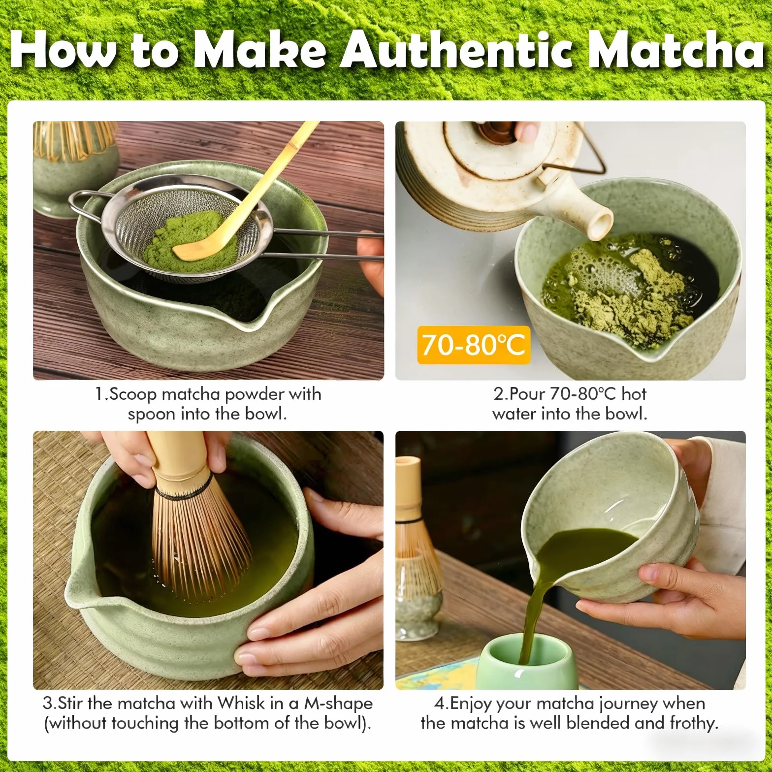 Matcha Kit, Matcha Set da 6 Pezzi con Frusta per Matcha, Ciotola per Matcha, Filtro per Matcha, 2 Cucchiaio e Supporto in Ceramica, Set Matcha Ideale per la Preparazione del Tè Matcha (A)