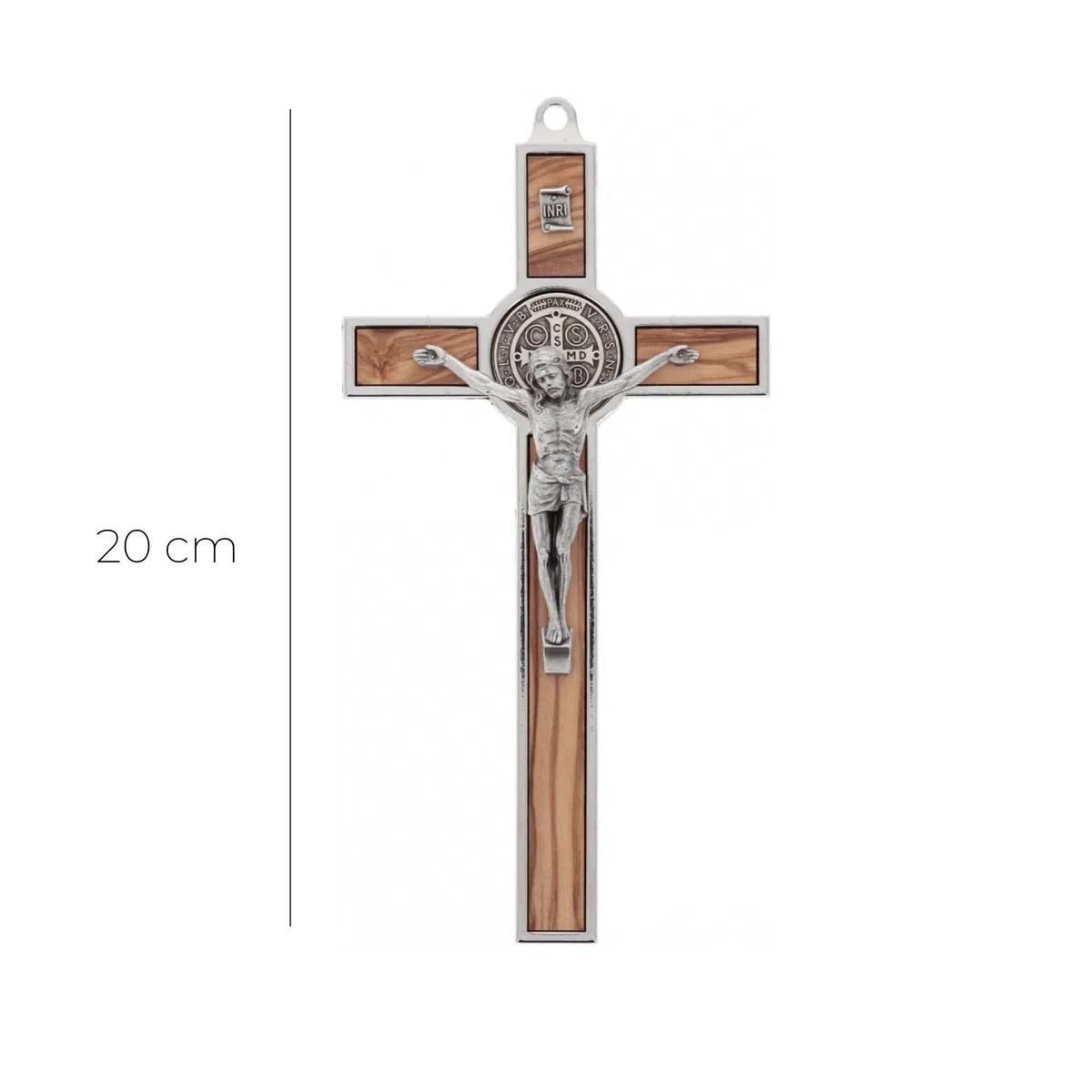 SHALOM - Crocifisso San Benedetto in Legno D'ulivo E Metallo. Altezza 20 Cm
