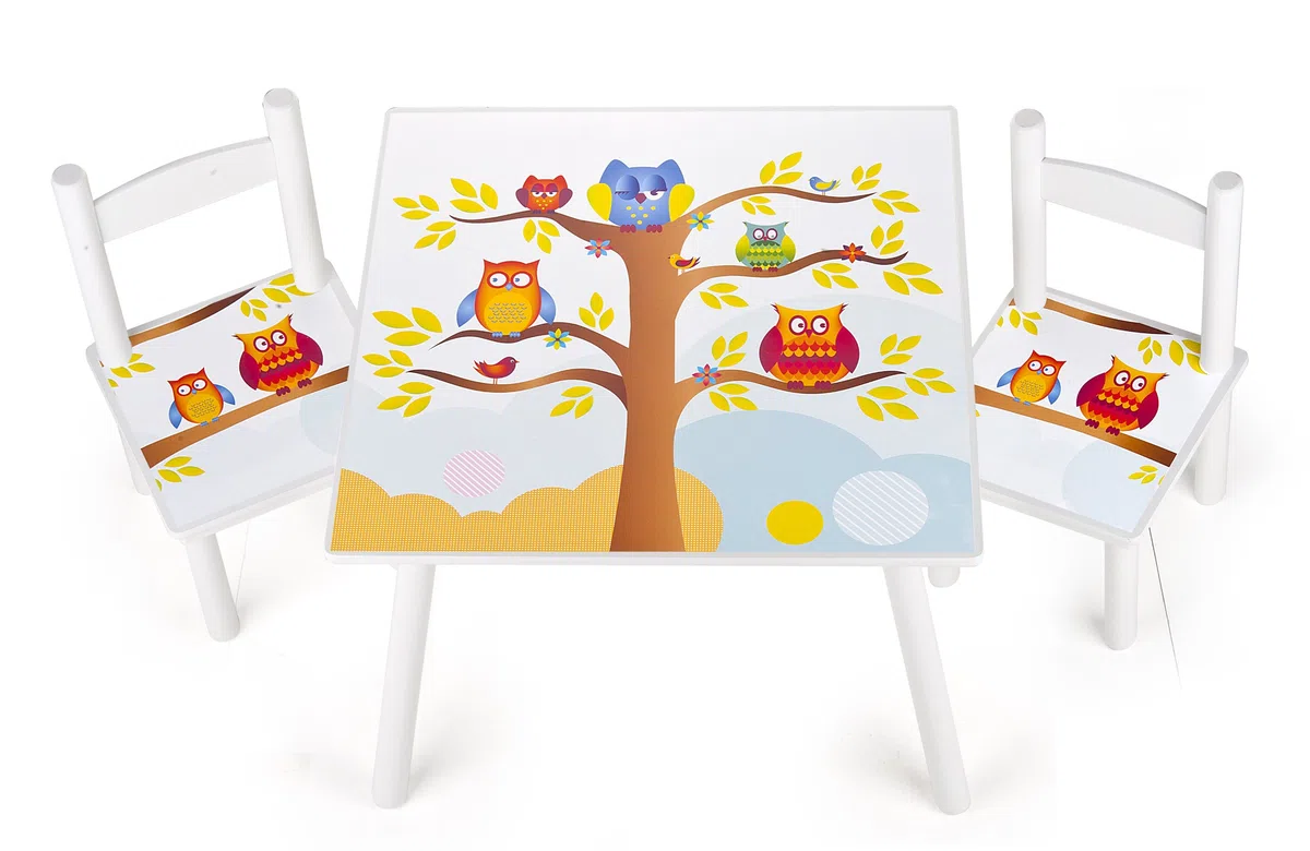 Leomark tavolo e 2 sedie in legno, tavolino set da cameretta per bambini, gioco di gruppo in classe, mobili per bambini, stanza dei bambini mobili alta qualità stabile, tema: GUFI